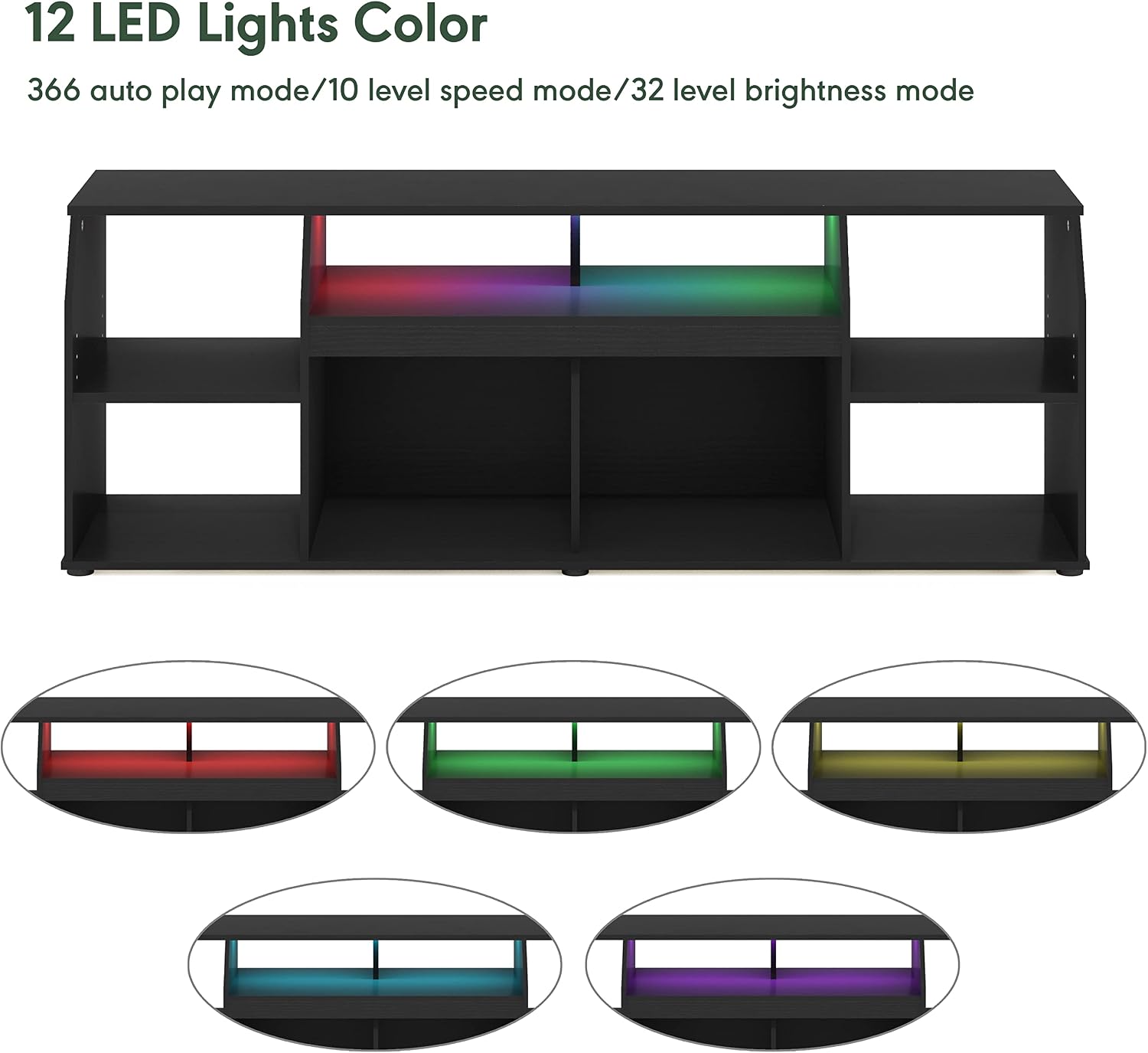 Furinno Jaya TV Stand, Large 6 Shelves Entertainment Center with LED, Media Console Table for TV up to 65 Inch, TV Console, for Living Room, Bedroom, Dark Americano