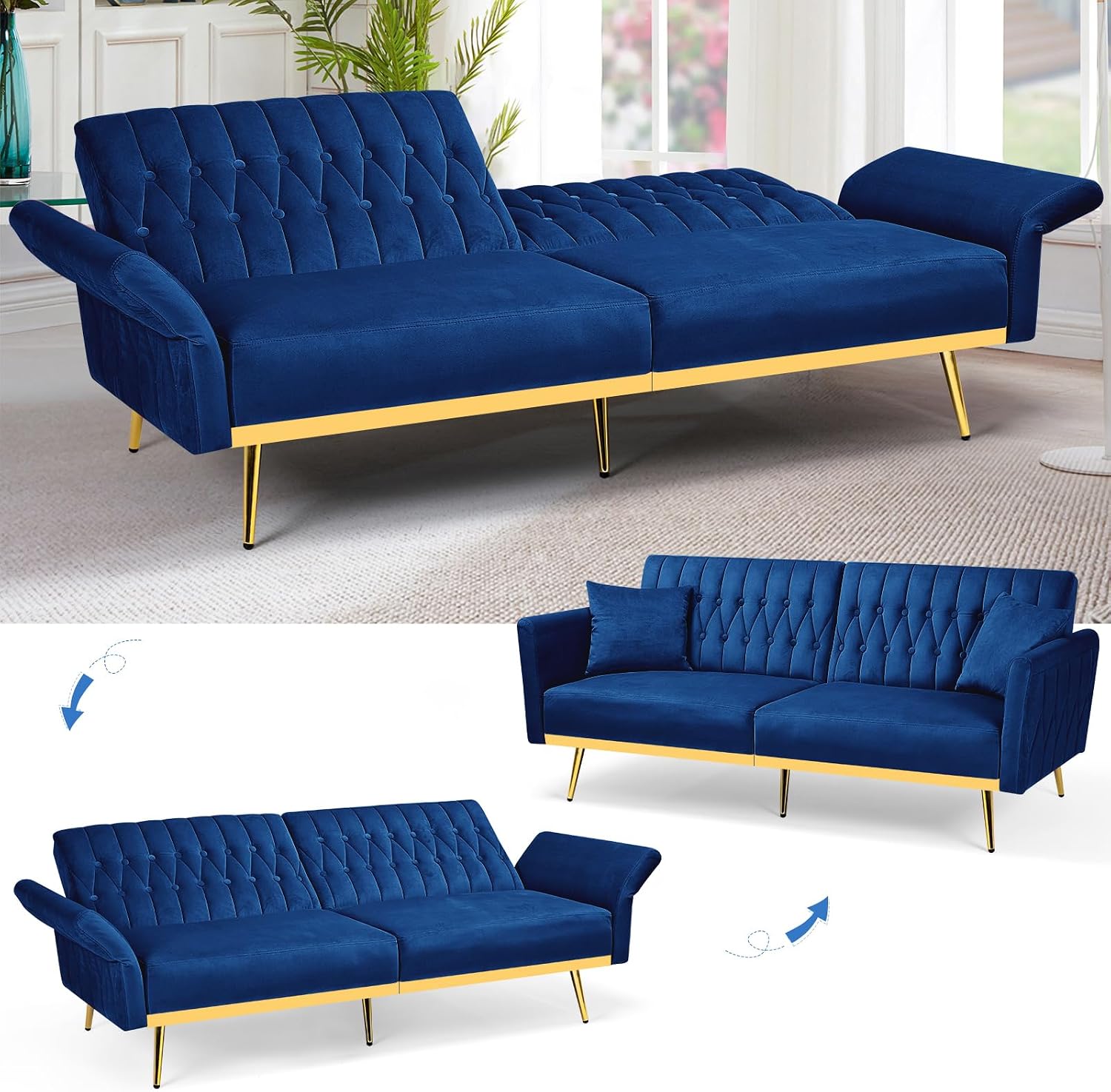 2 Pieces Velvet Futon Sofa Set with Adjustable Backrests and Armrests, 70' Convertible Sofa Bed & Tufted Accent Chair with Ottoman for Living Room, Blue