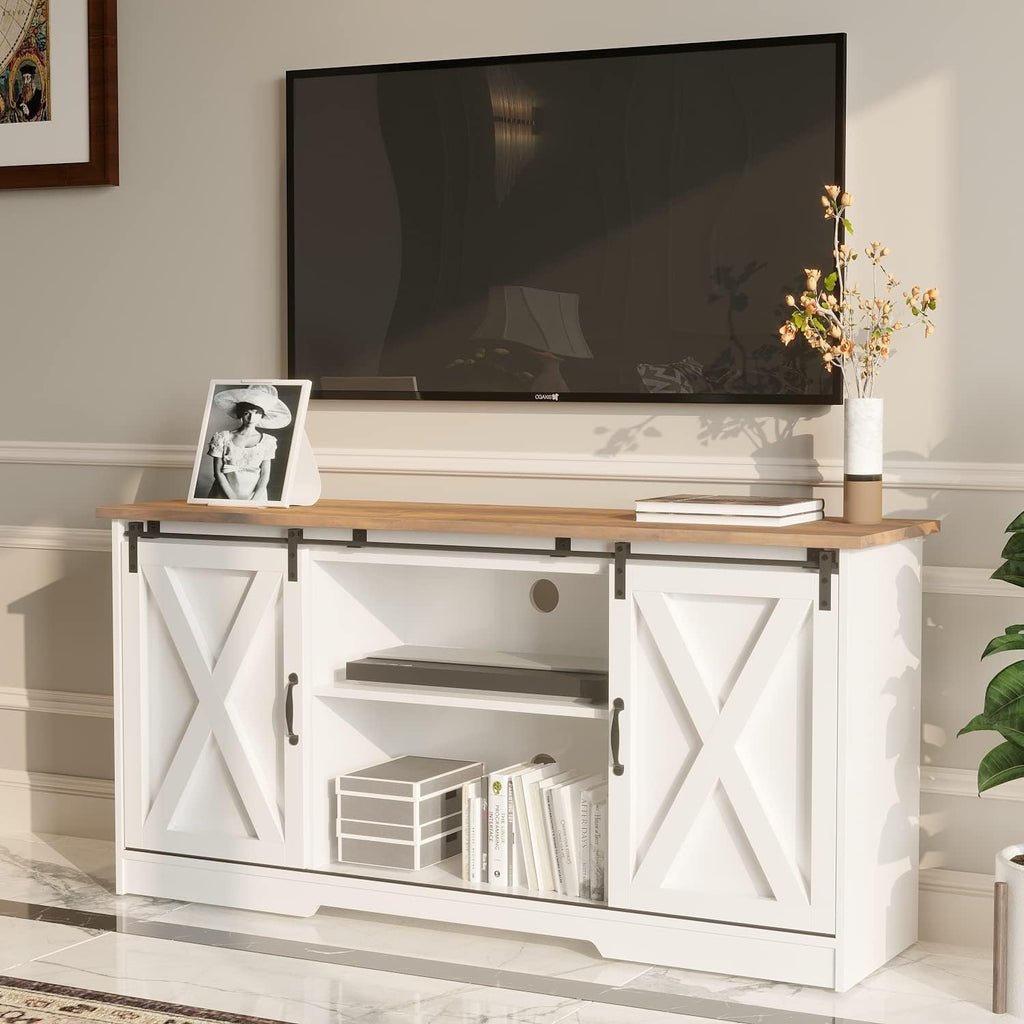 4 EVER WINNER TV Stand for 65 Inch TV for Living Room, Modern Farmhouse Barn Door TV Stand with Storage Cabinets and Adjustable Shelves for Bedroom, Media Entertainment Center TV Console Table, White