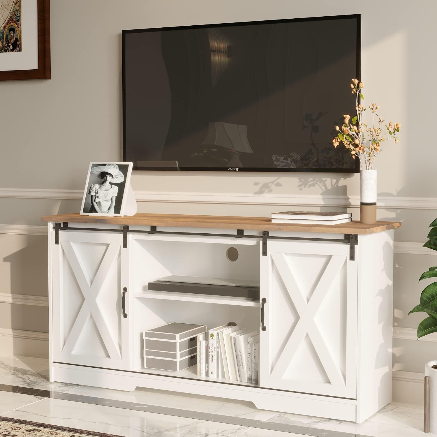 4 EVER WINNER TV Stand for 65 Inch TV for Living Room, Modern Farmhouse Barn Door TV Stand with Storage Cabinets and Adjustable Shelves for Bedroom, Media Entertainment Center TV Console Table, White