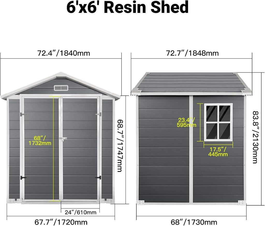 6x6 FT Outdoor Storage Shed with Lockable Door & Floor, All-Weather Plastic Garden Shed in Gray for Backyard, Patio, Lawn