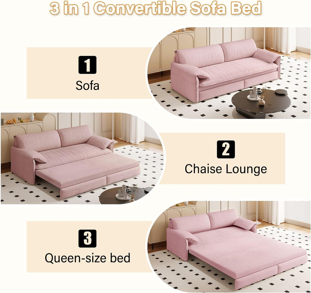 3 in 1 Convertible Queen Sleeper Sofa Bed Comfy Pull Out Futon Couch Bed 66' Modern Velvet Recliner Loveseat Sofa Multi-Functional Pink Cloud Couch for Living Room,Apartment,Office (Pink 66')