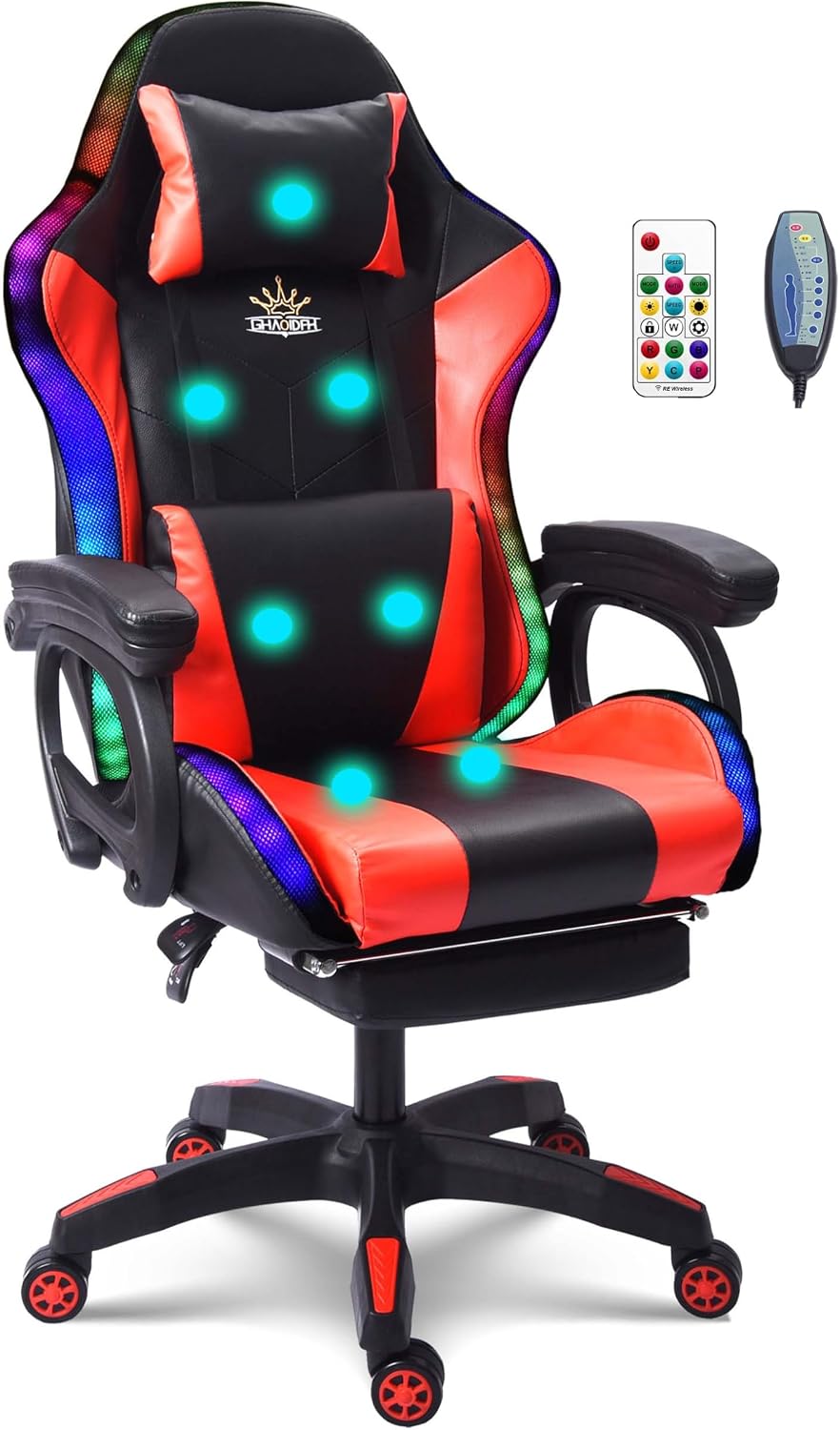 Gaming Chair with 7-Point Massage Function, Ergonomic Computer Chair with Footrest and Lumbar Support, Video Gaming Chair with RGB Lights and Speakers, Adjustable Backrest Swivel Chair,Red
