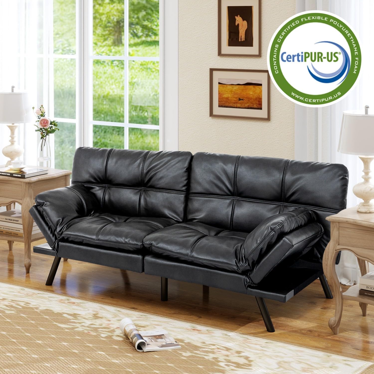 MUUEGM 71' Convertible Futon Sofa Bed, Upholstered Small Futon Couches with Adjustable Backrest, Loveseat Sleeper Bed for Compact Living Room Studio Office (Black)