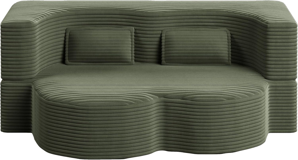 78' Futon Sofa Bed, 2-in-1 Foldable Floor Sleeper Sofa, Convertible Corduroy Curved Loveseat with 2 Pillows, Full Mattress Bed, Upholstered Boneless Couches for Living Room, Apartment, Green
