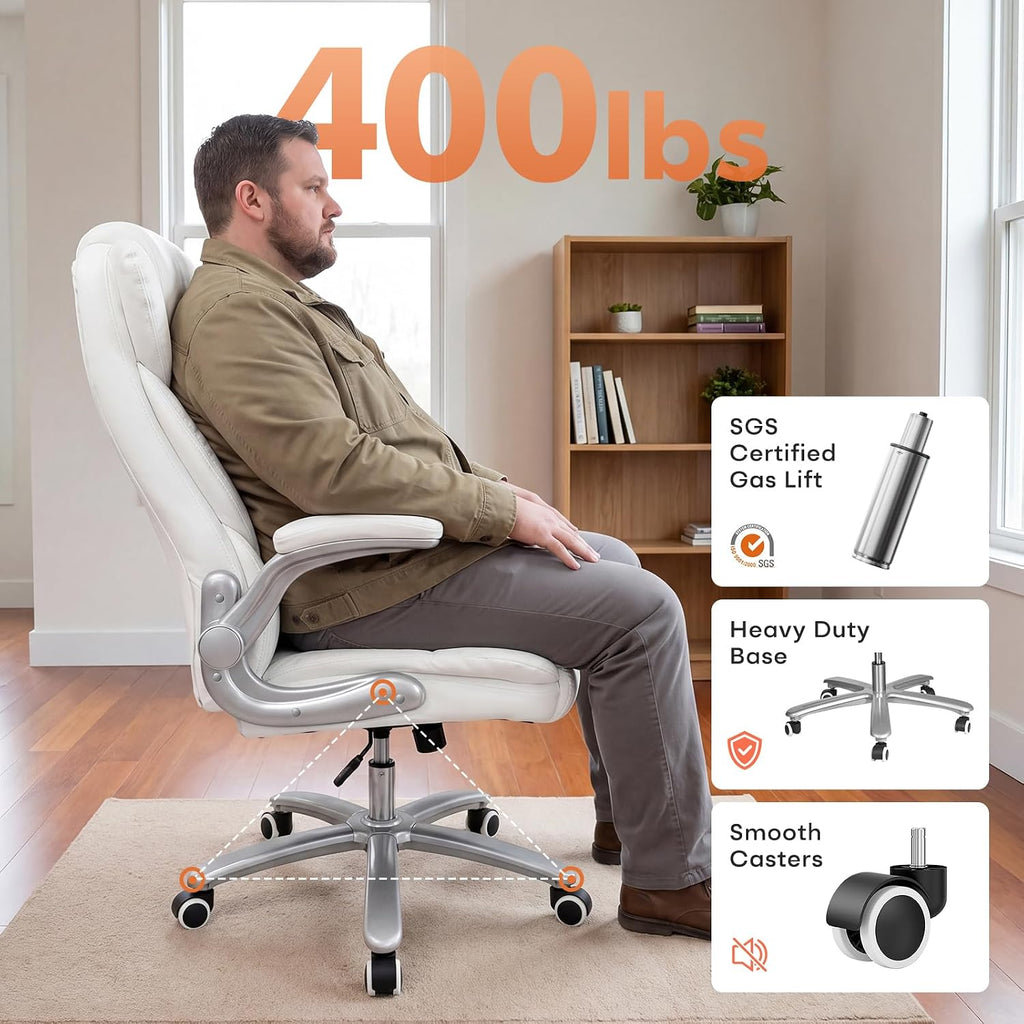GYI Big and Tall Office Chair 400lb Wide Seat, Ergonomic High Back Leather Executive Desk Chair with Flip-up Arms, White