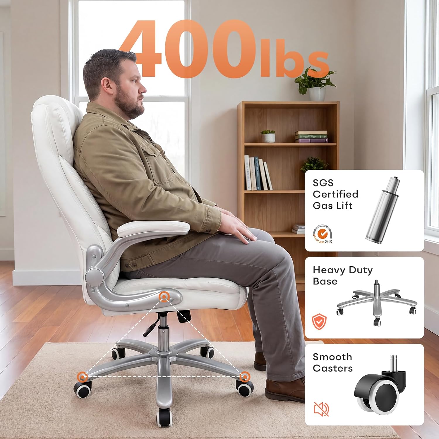GYI Big and Tall Office Chair 400lb Wide Seat, Ergonomic High Back Leather Executive Desk Chair with Flip-up Arms, White