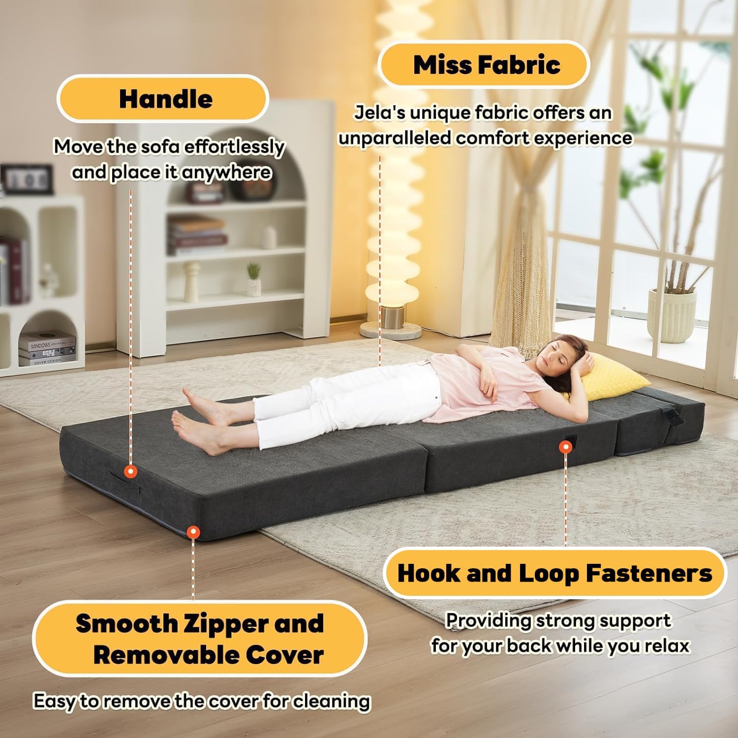 jela Foldable Sofa Bed Large Soft Foam Convertible Sleeper Chair Luxury Miss Fabric Fold Out Chair Bed Floor Couch with Back Support Floor Sofa for Living Room Bedroom (83'x33',Dark Gray) | breathable material
