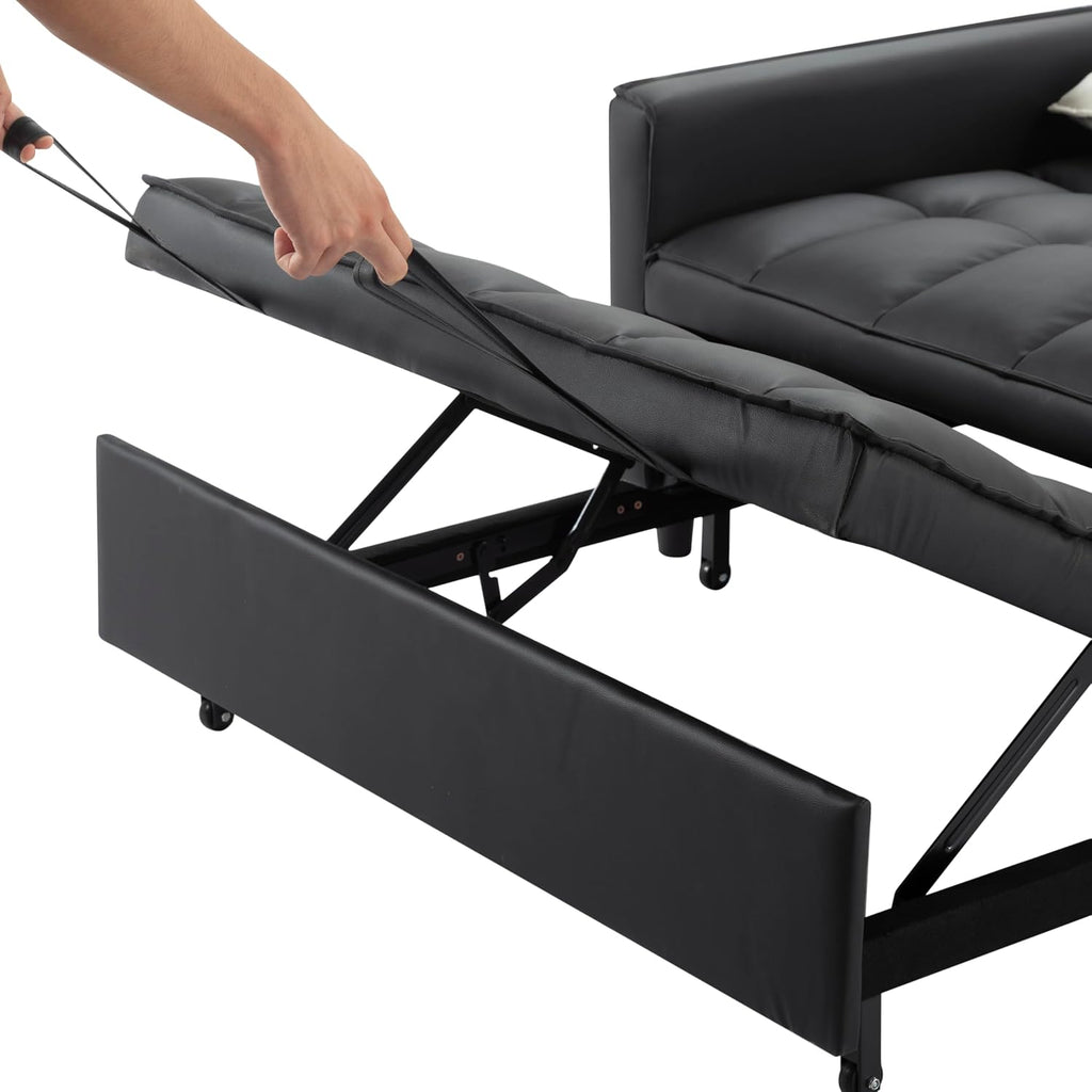 3 in 1 Convertible Sofa Bed, Loveseat Sleeper Sofa with Large Side Pockets, Pull Out Couch with Adjustable Backrest, Easy Assembly, PU Couch Bed for Small Spaces, Apartment, Black