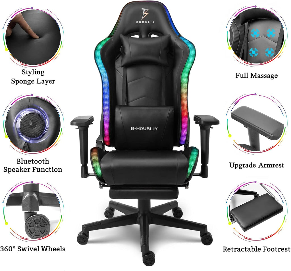 Massage Gaming Chair with Footrest, Computer Chair with Speakers and RGB Lights Height Adjustable Gamer Chair with 4D Armrests Headrest and Lumbar Support Office Chairs for Gaming,Black