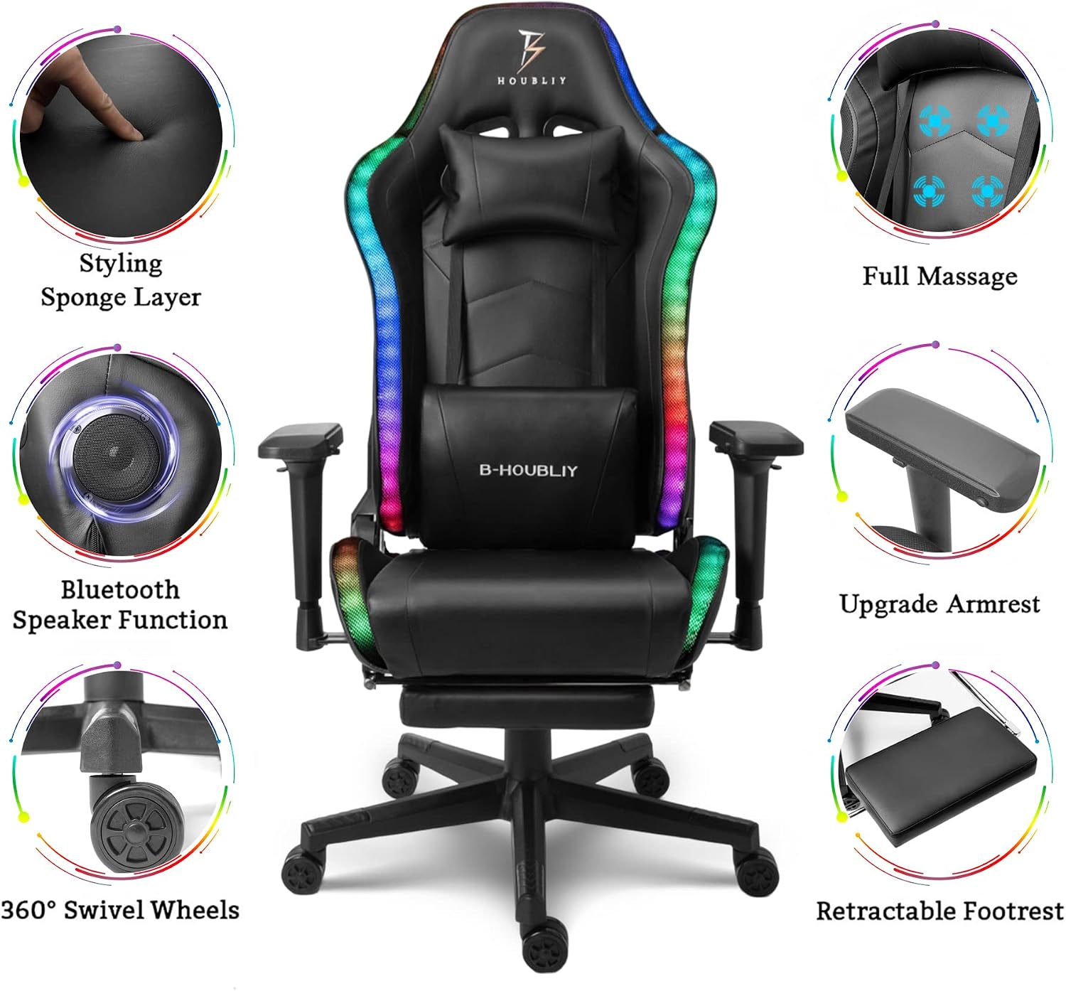 Massage Gaming Chair with Footrest, Computer Chair with Speakers and RGB Lights Height Adjustable Gamer Chair with 4D Armrests Headrest and Lumbar Support Office Chairs for Gaming,Black