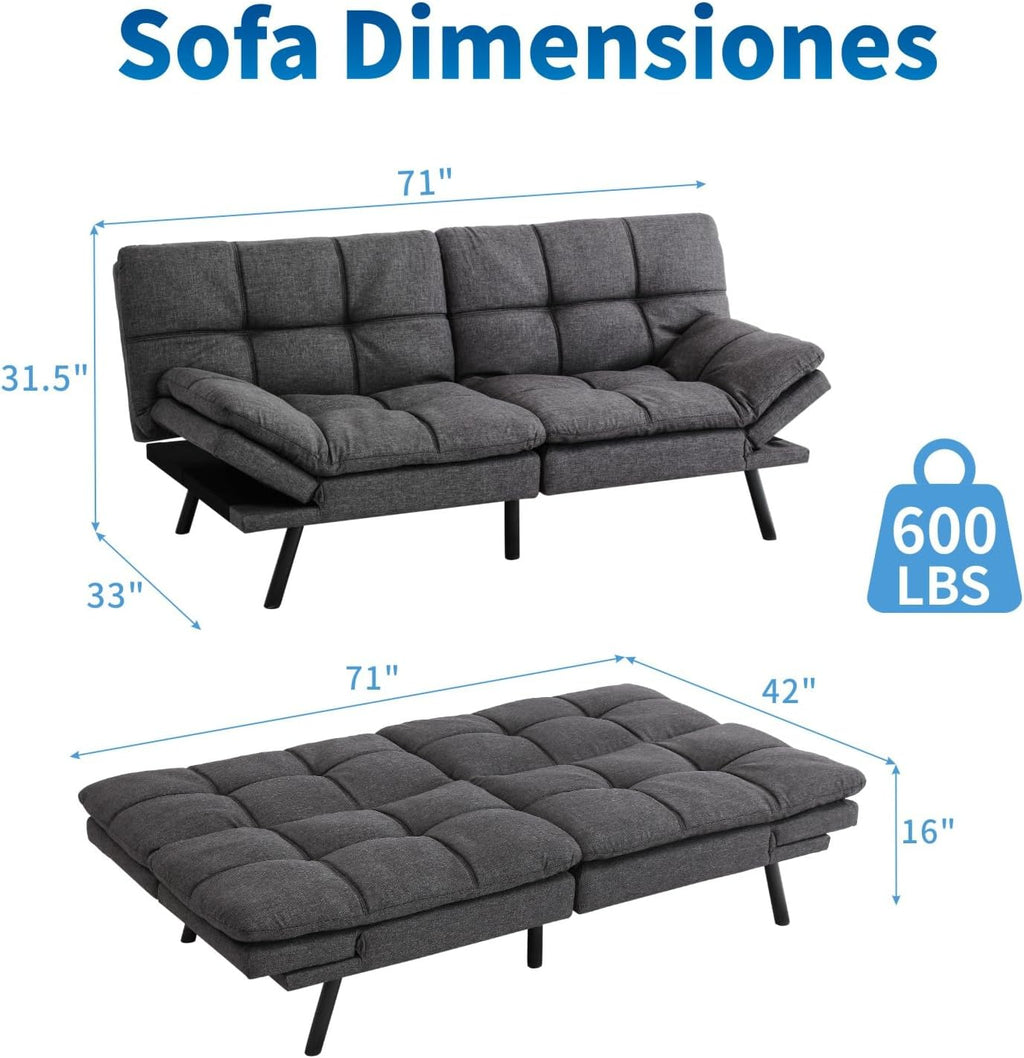 MUUEGM Futon Sofa Bed, 71' Convertible Linen Memory Foam Couch Bed, Modern Backrests Armrests Love Seat for Living Room,Apartment,Office,Charcoal Grey Sleeper Couch