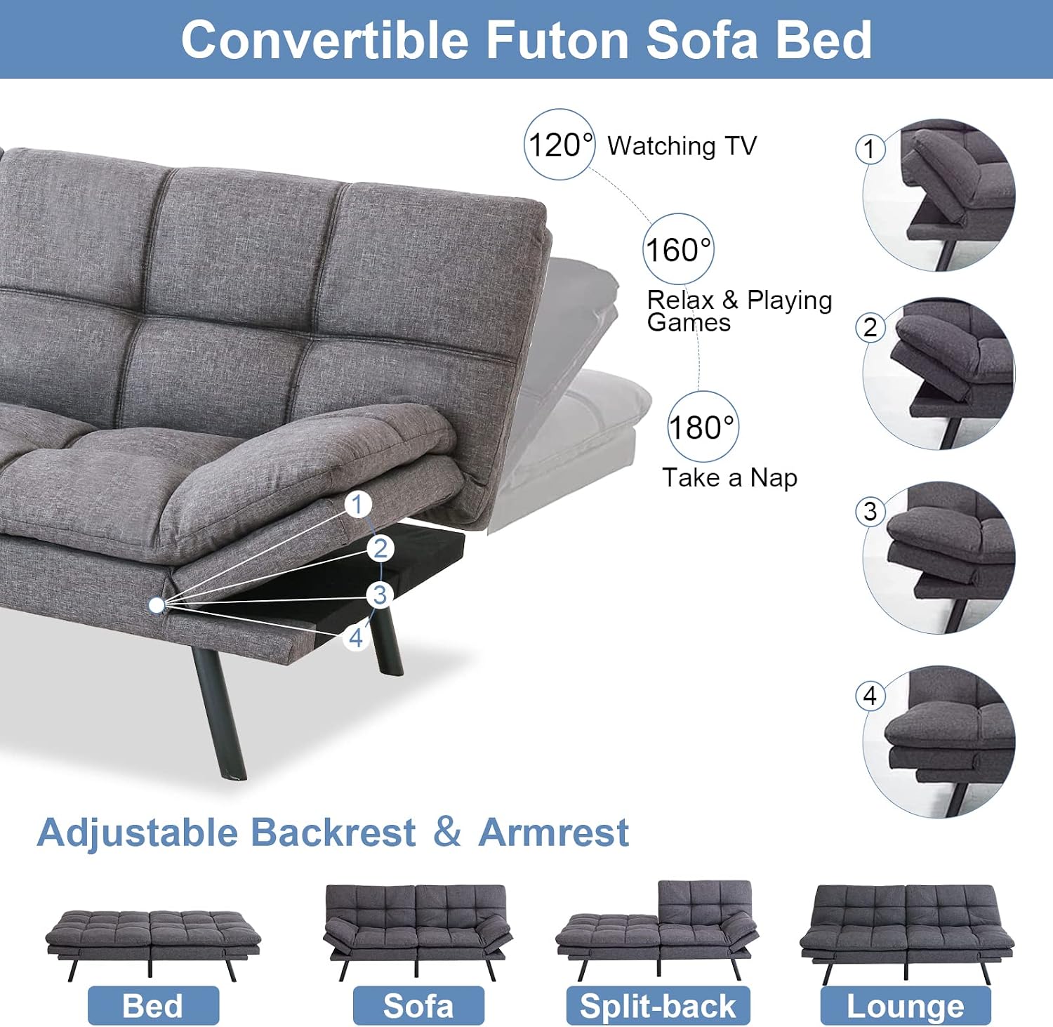 MUUEGM Futon Sofa Bed Memory Foam Futon Sofa Sleeper Couch,Convertible Modern Futon for Living Room,Love seat for Apartments Office Small Spaces,w/Adjustable Armrests Backrest,Linen Fabric,Grey