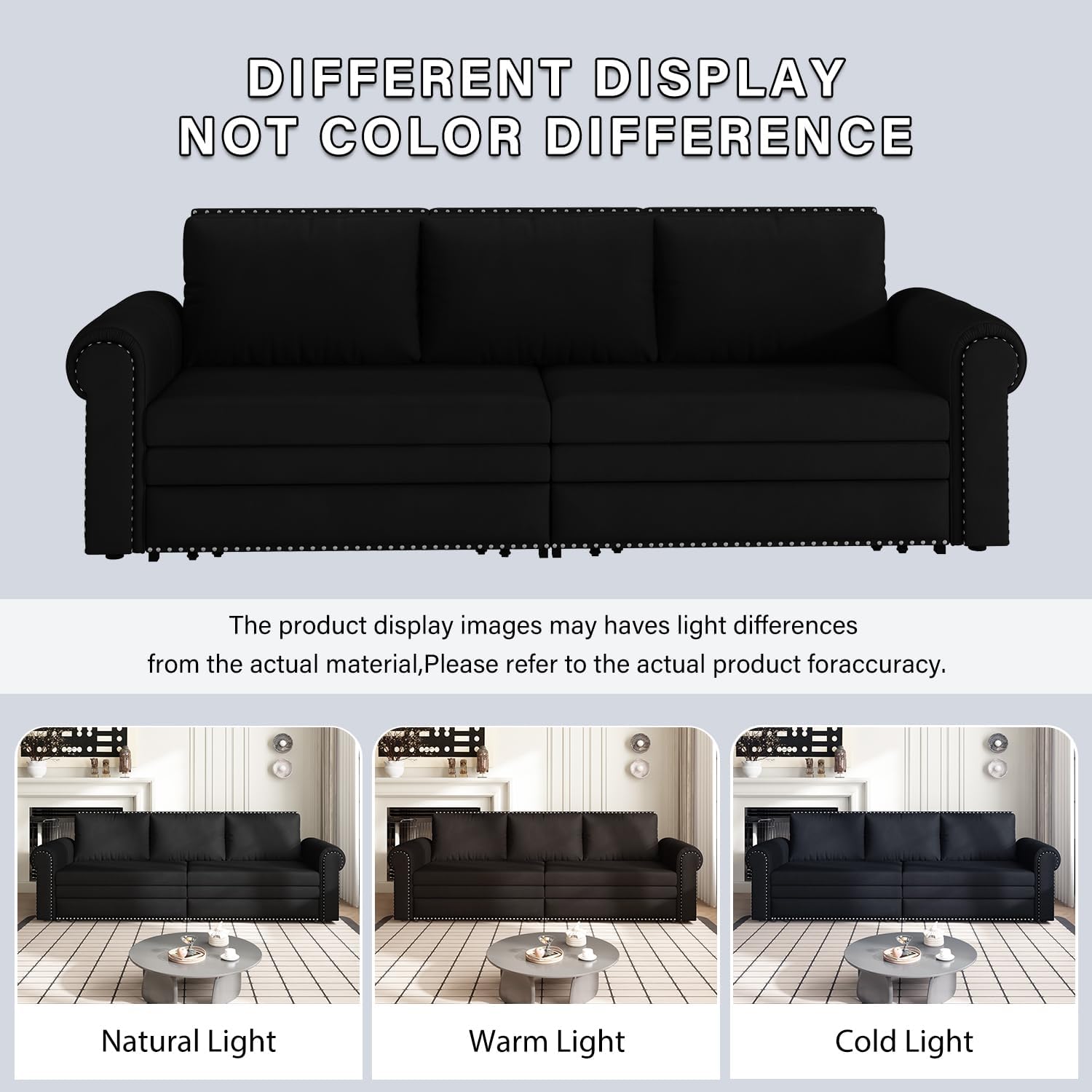 93.7' King Pull Out Sofa Bed, Velvet Sleeper Sofa Couch, 3 in 1 Convertible Futon Couches for Living Room, Small Space, Apartment, Office, Bedroom, Modern Rivet Armrest, Black