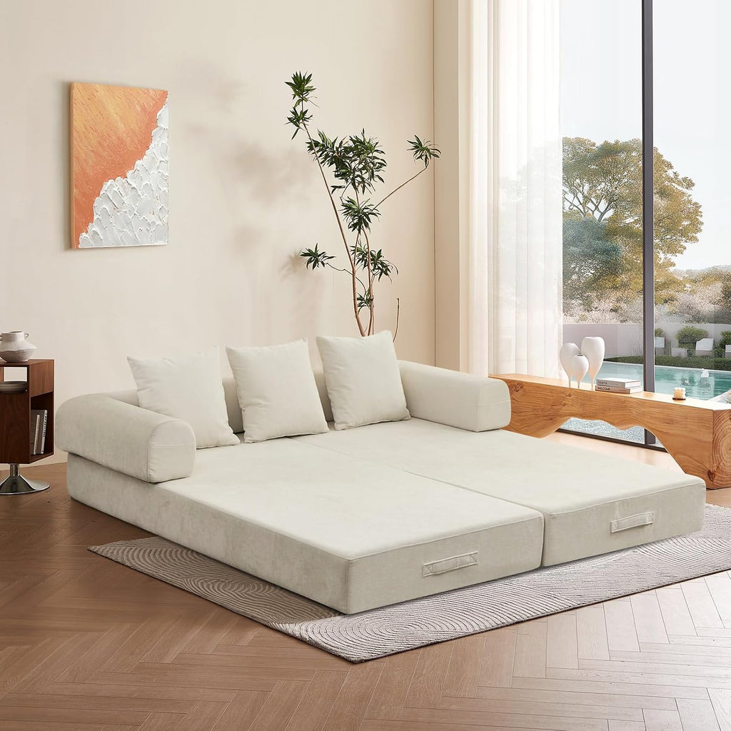 Futon Sofa Bed, Modular Convertible Folding 3 Seater Chenille Foam Floor Loveseat Sleeper Sofa Couch with 3 Pillows, No Assembly Compressed Boneless Couch, for Living Room Bedroom Guest Room, Beige