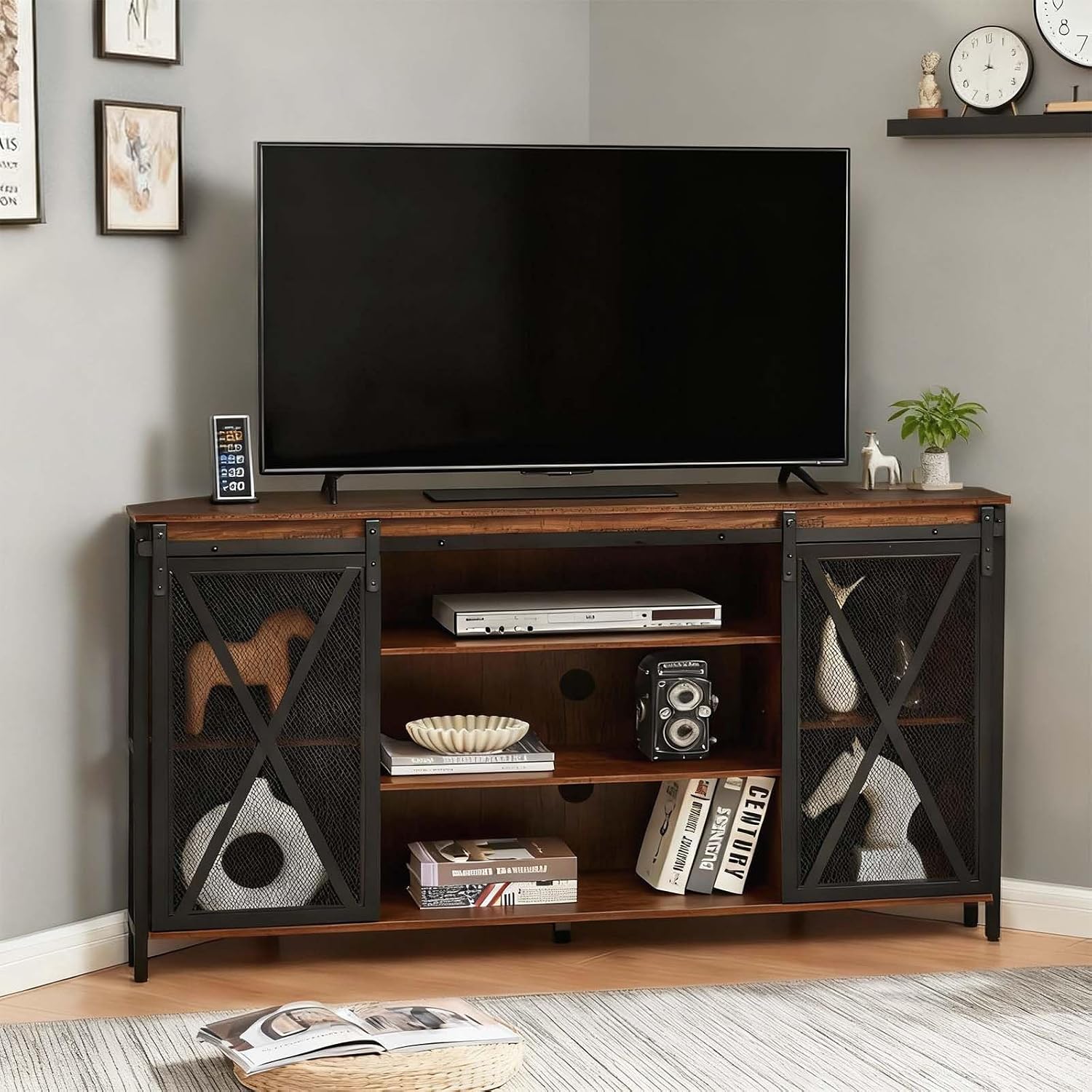 HOMISSUE Corner TV Stand for 55 Inch TV, Rustic Corner Entertainment Center with Storage, Industrial Media Console Table with Sliding Barn Door, Tall TV Cabinets Center for Living Room, Brown