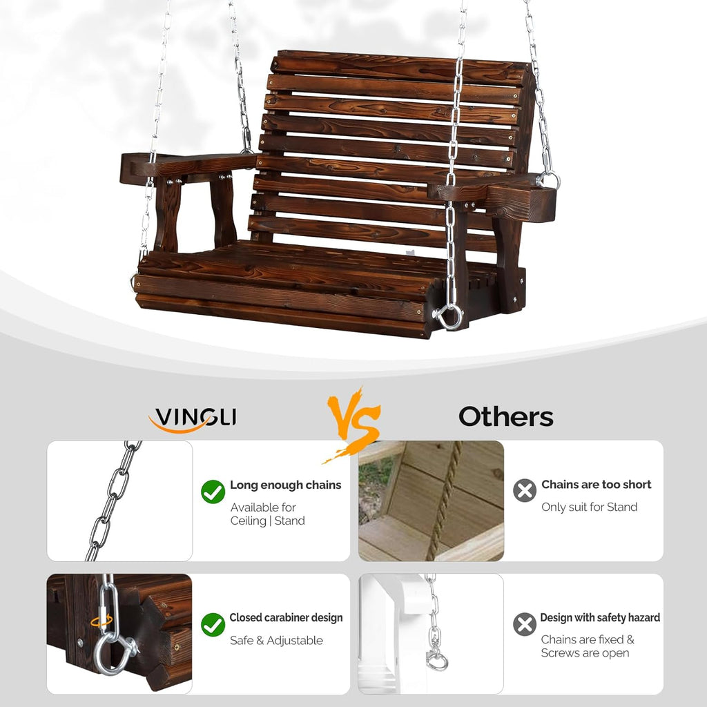 VINGLI Heavy Duty 440 LBS 1-Person Wooden Patio Porch Swing with Deeper Seat & Higher Backrest & Extra Cup Holder for Adults & Kids, Outdoor Single Porch Swing for Porch, Yard, Balcony, Tree (Rustic)