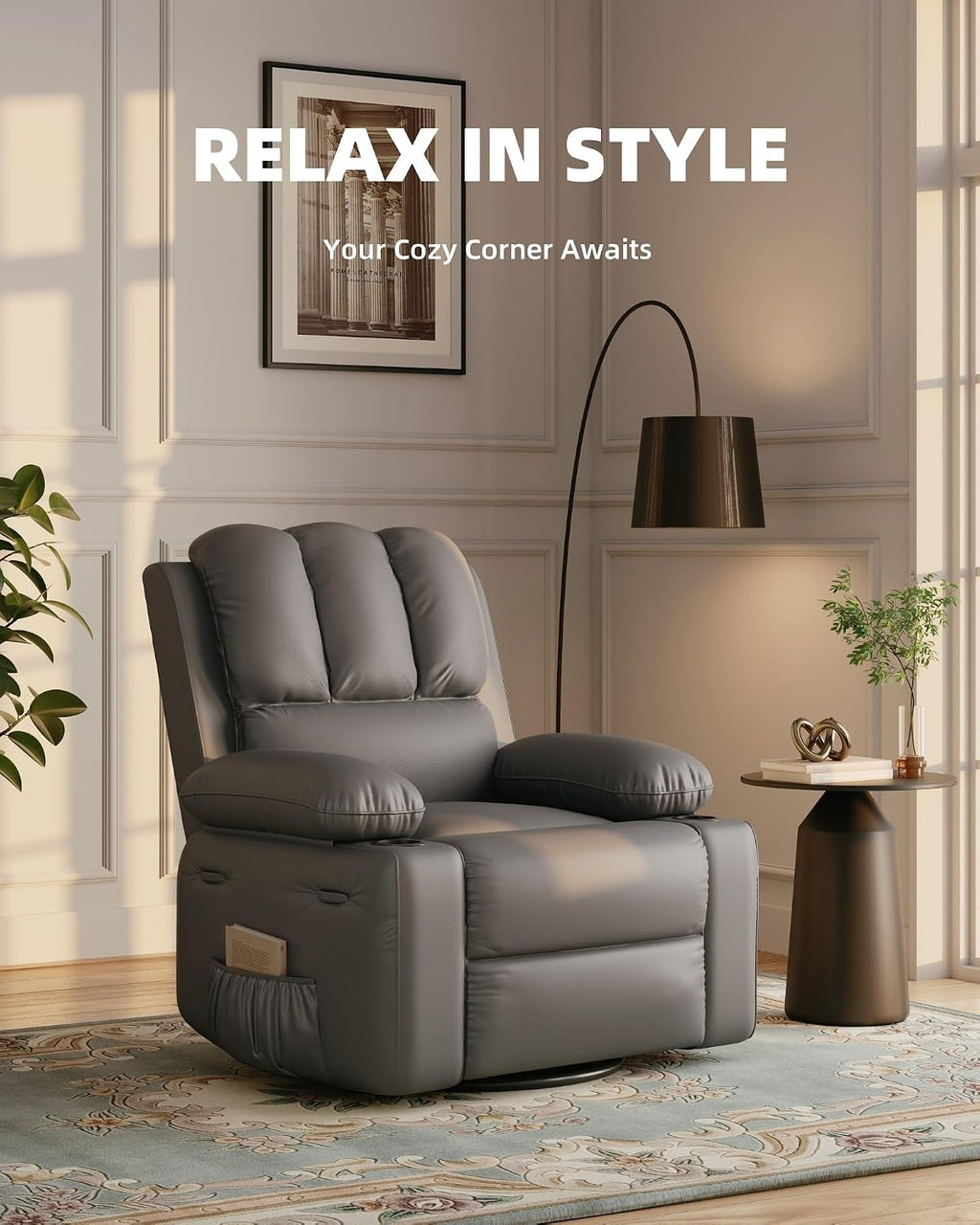 22 in Leather Recliner Chair for Adults, Overstuffed Manual Recliner Chair, Single Sofa with Cup Holder and Side Pockets, Upholstered Chair for Living Rooms, Gray