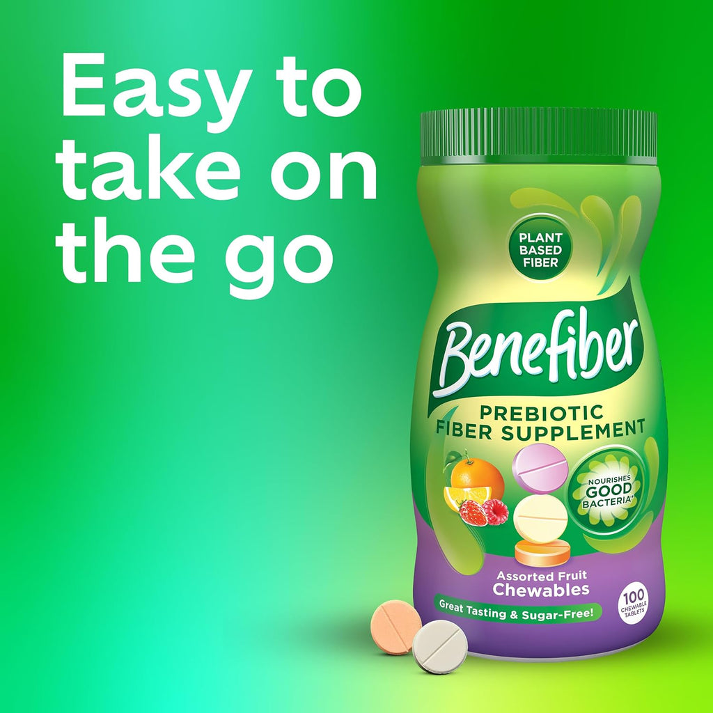 Benefiber Chewable Prebiotic GLP-1 Friendly Fiber Supplement Tablets for Digestive Health, Assorted Fruit Flavors - 100 Count (Pack of 12)