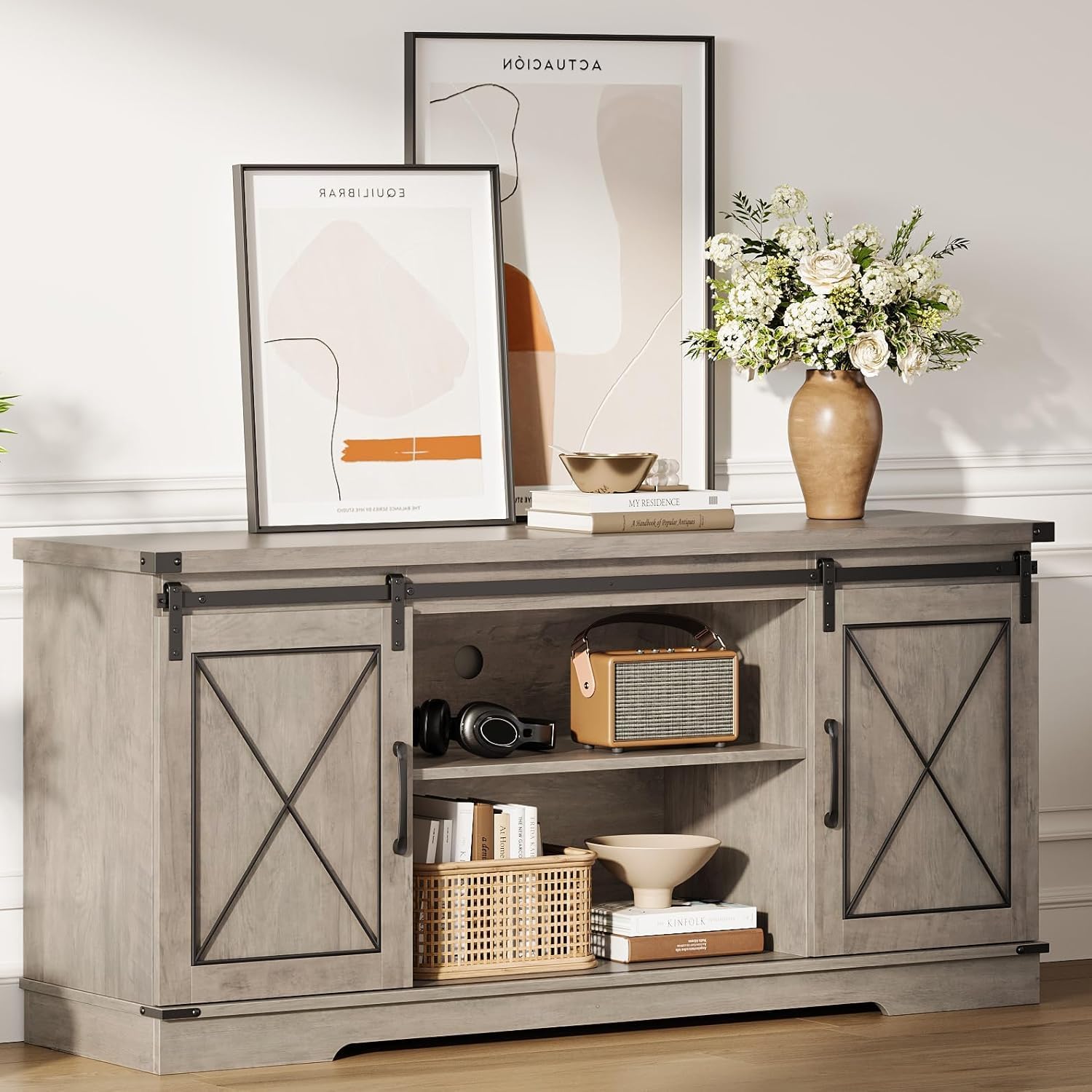 IDEALHOUSE Farmhouse TV Stand for 65 Inch TV, Entertainment Center with Sliding Barn Doors & Adjustable Shelves, Rustic Wood TV Console Table Media Cabinet for Living Room Bedroom, Grey