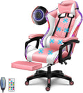 Big and Tall Gaming Chair with Footrest Ergonomic Massage Office Chairs LED Video Game Chair with Speakers Comfortable Headrest Lumbar Support High Back Desk Chair PU Leather for Adults,Pink