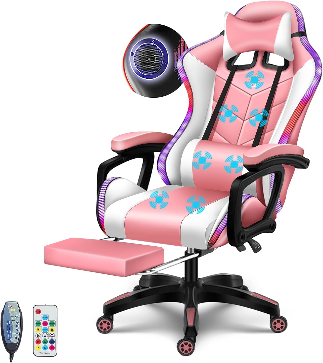 Big and Tall Gaming Chair with Footrest Ergonomic Massage Office Chairs LED Video Game Chair with Speakers Comfortable Headrest Lumbar Support High Back Desk Chair PU Leather for Adults,Pink