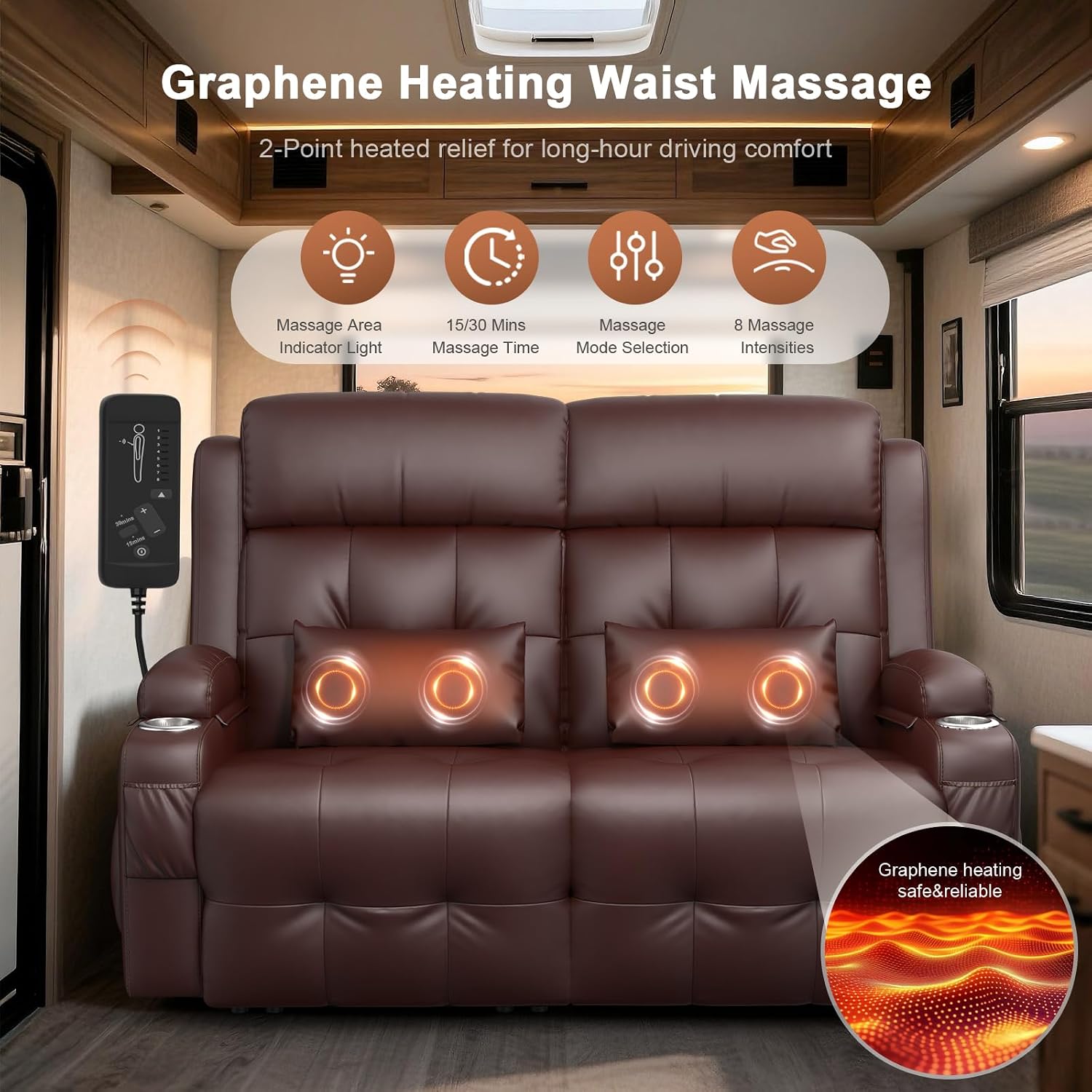 Power Loveseat Recliner Sofa with Graphene Heating & Massage, Zero Wall Hugger Home Theater Seating, RV Reclining Couch with LED Lights, USB & Type-C, Cup Holders, Hidden Storage Armrest & Pillows