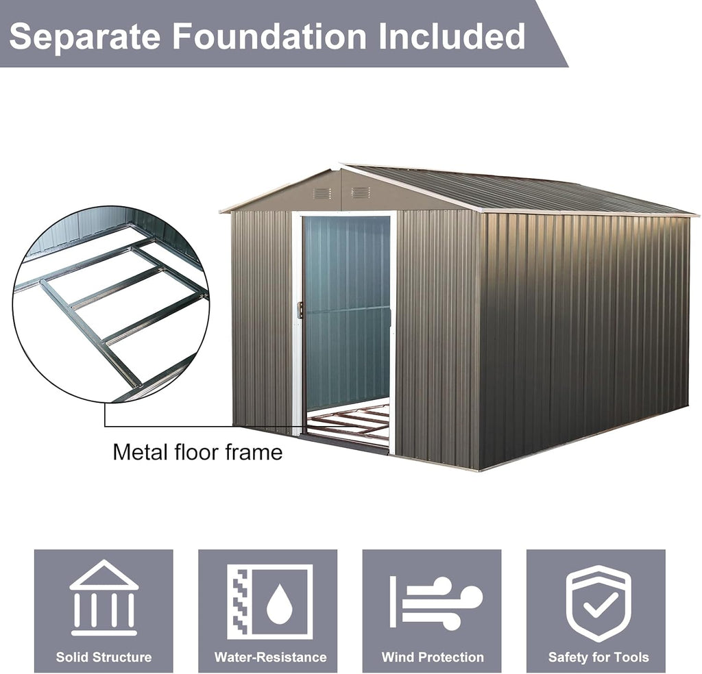 KEIKI 8x10 FT Outdoor Metal Storage Shed with Peaked Roof,Vents and Lockable Door for Garden Yard Lawn