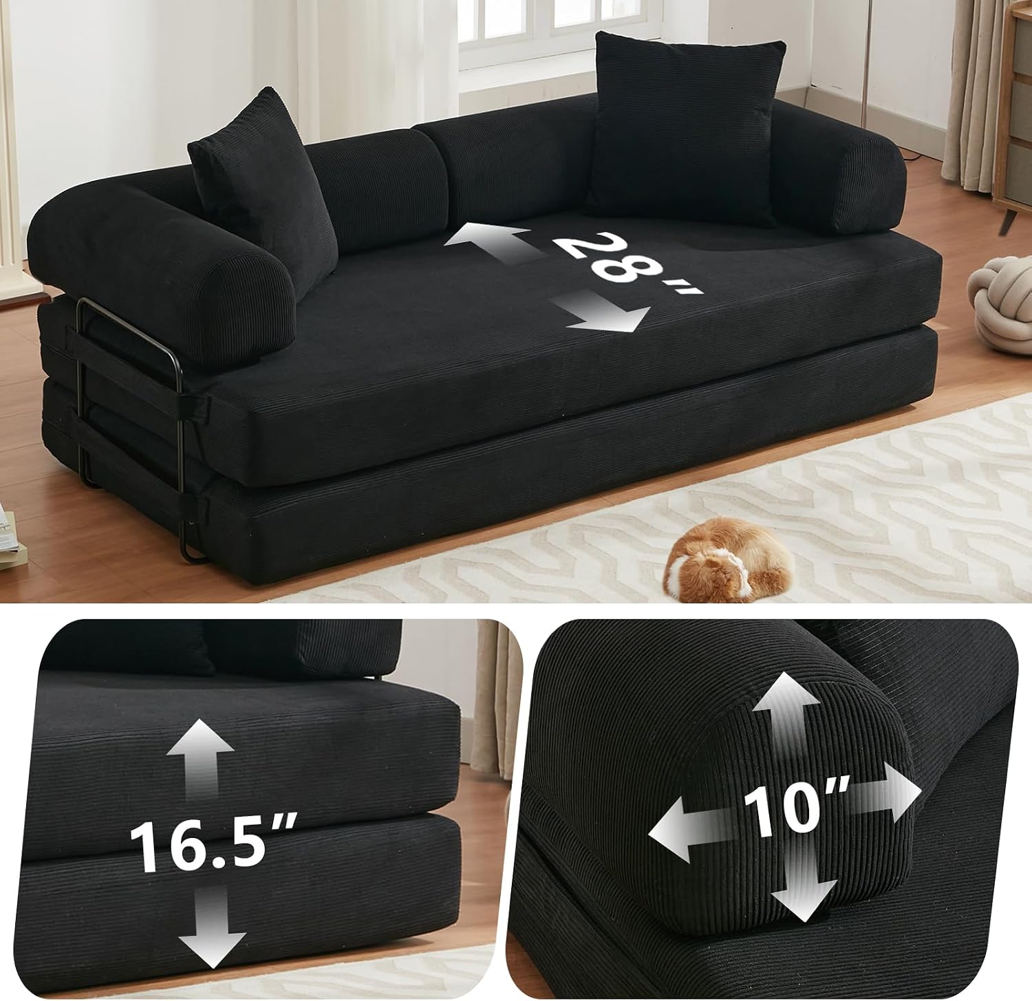4-in-1 Convertible Folding Sofa Bed, 79' Oversized Corduroy Upholstered Boneless Couch, Loveseat Sleeper Sofa Bed, Floor Sofabed Modular Futon Couch for Living Room Bedroom Lounge (Black)