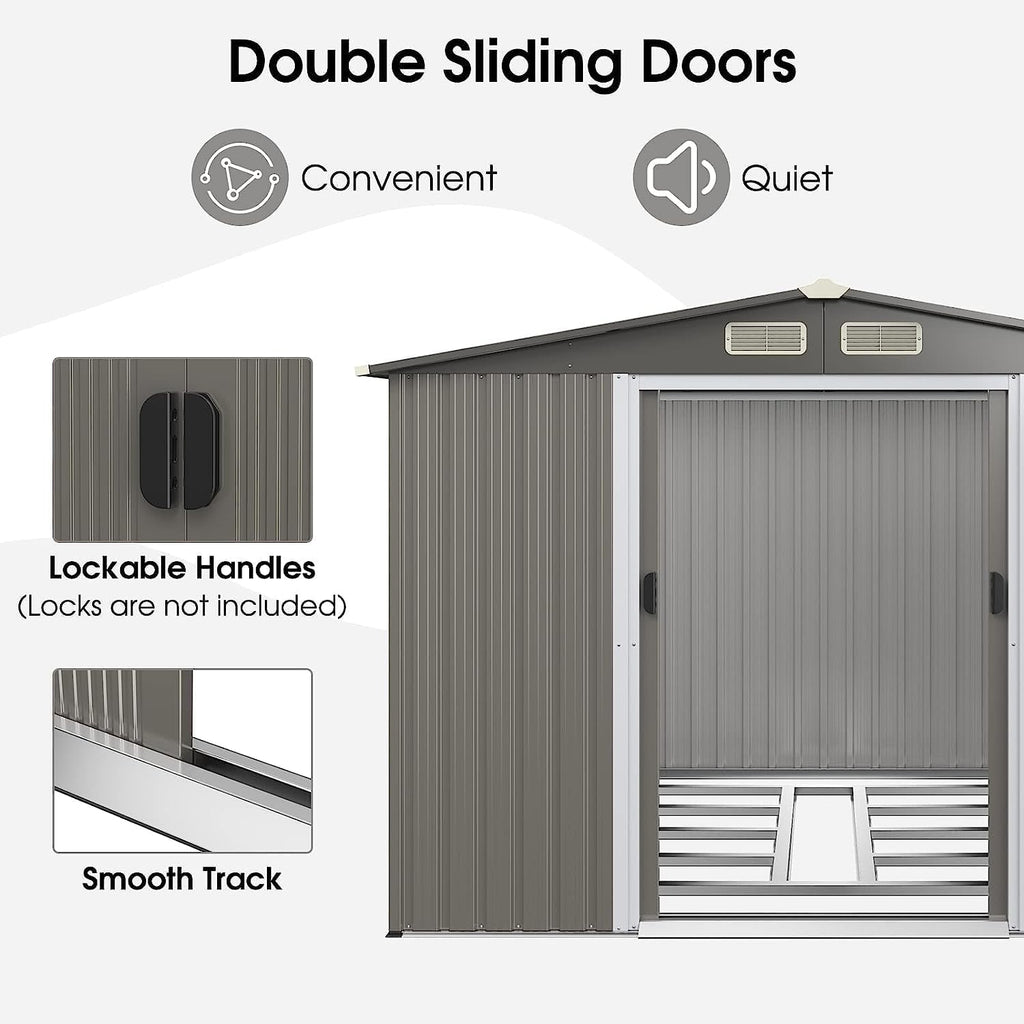 Goplus 8.5' x 6.8' x 6' Outdoor Storage Shed, Weather-Resistant Utility Storage House w/Foundation, 4 Air Vents, Double Doors & Ramp, Galvanized Steel Tool Shed for Garden, Lawn, Patio, Yard