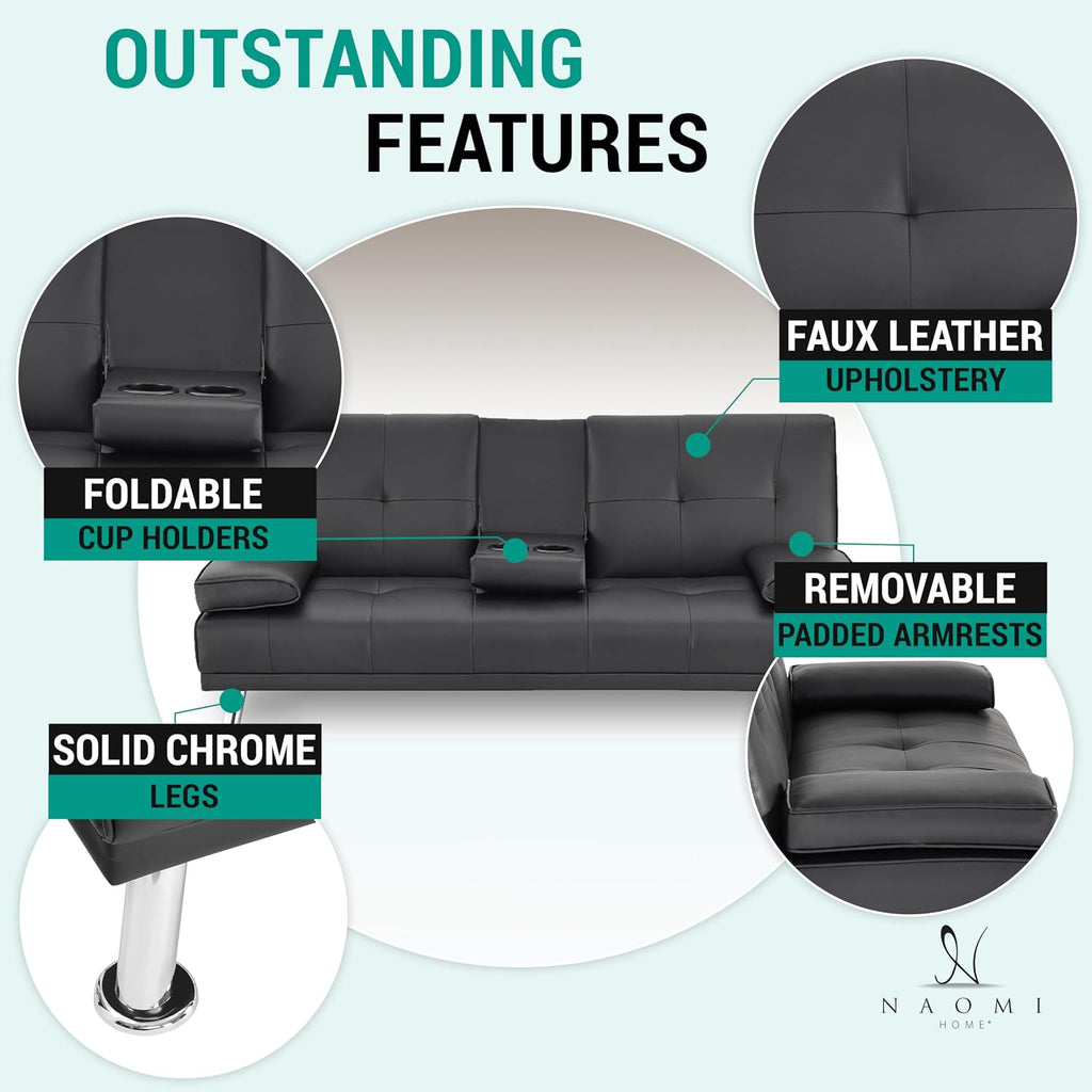 Naomi Home Low Profile Design: Convertible Folding Futon Sofa Bed Sleeper Couch for Living Room Faux Leather Upholstered Futon Sofa with Armrests, Metal Legs, 2 Cup Holders, Black