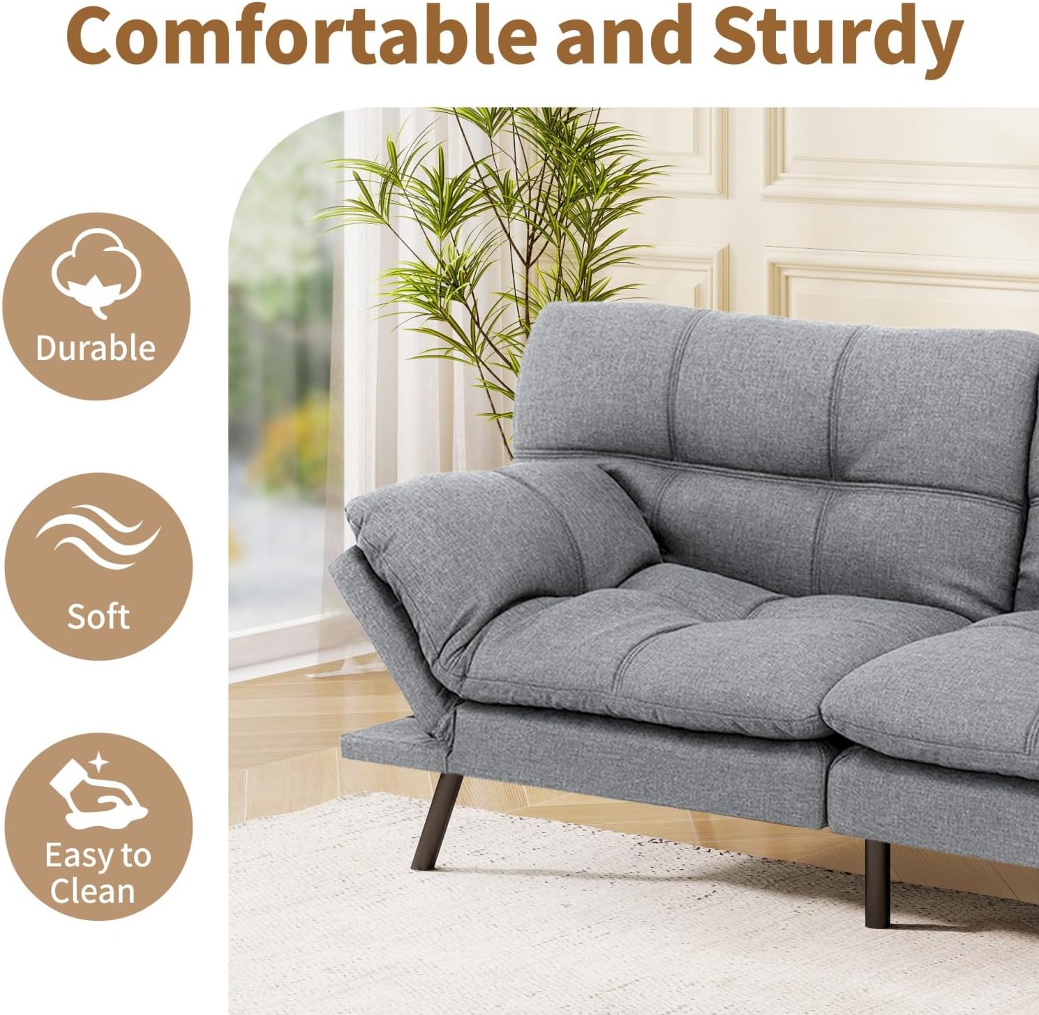MUUEGM Futon Sofa Bed, 71' Convertible Memory Foam Sofa Couch with Adjustable Backrest & Armrests, Modern Upholstered Sleeper Couch for Small Spaces, Living Room & Apartment, Linen Fabric, Lihgt Gray
