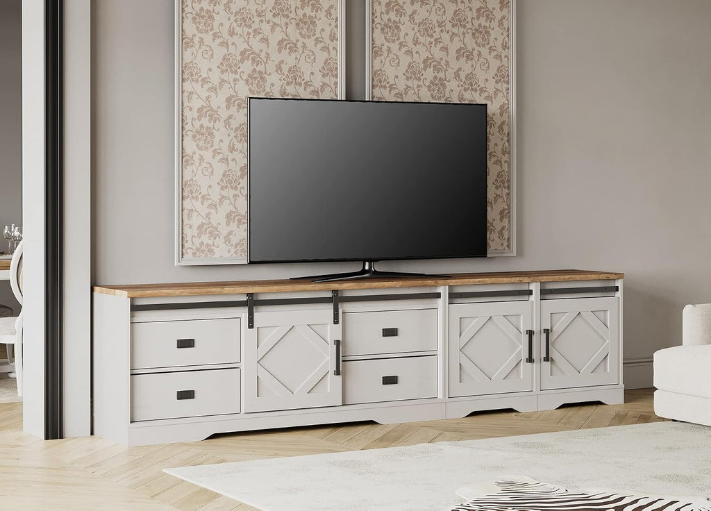WAMPAT 98' Wide Farmhouse TV Stand for up to 110' TV, 3-in-1 Rustic Wood Entertainment Center with Drawers and Cube Cabinets for Living Room, Faux Bark Finish, Antique White
