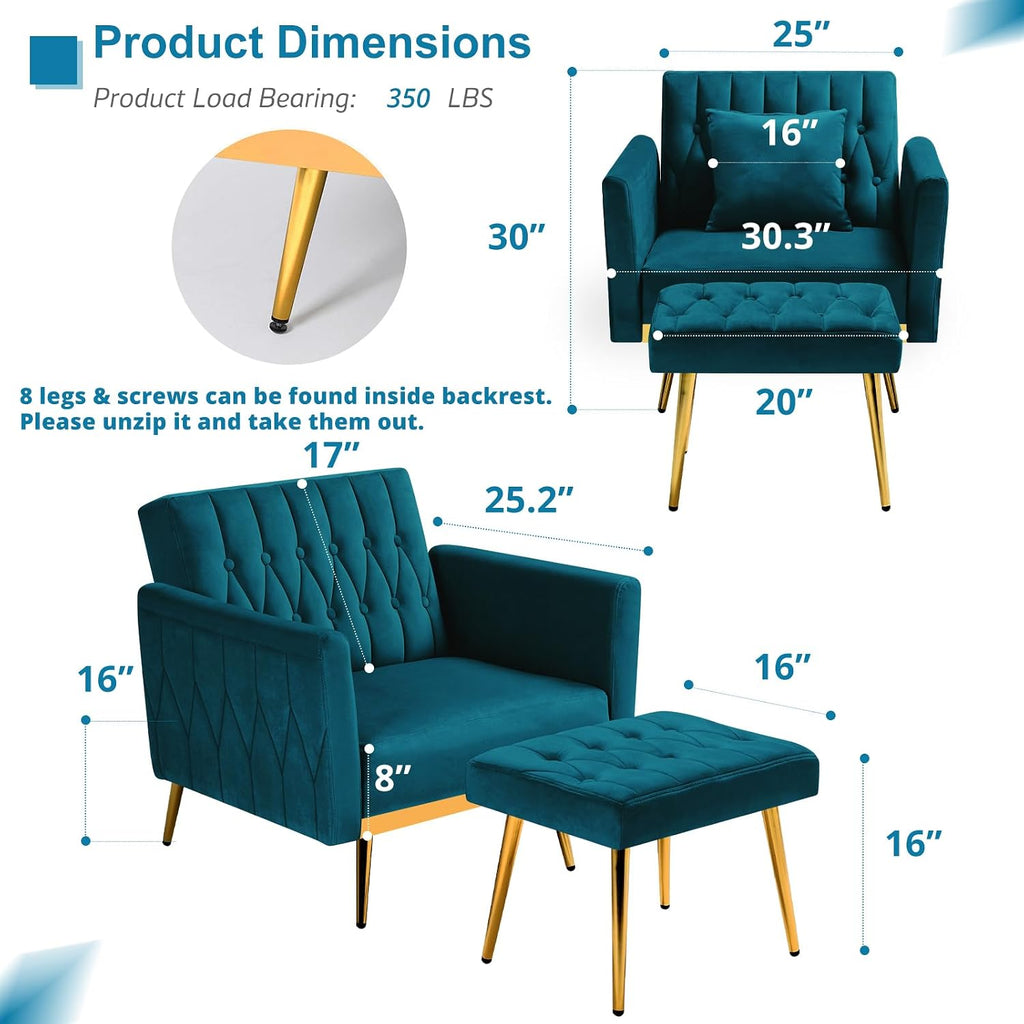2 Pieces Velvet Sofa Set with Adjustable Armrest and Backrest, 70' Convertible Futon Sofa Bed & Mordern Accent Chair with Ottoman for Living Room, Bedroom, Teal