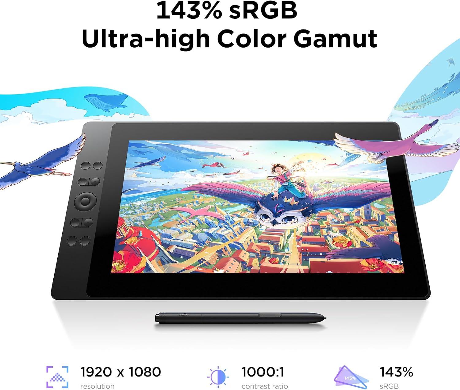 UGEE 15.4 inch Drawing Tablet with Screen，143% sRGB UE16 Computer Graphics Tablet with Full-Laminated Screen 8+1 Hot Keys 16K Level Pressure Battery-Free Stylus，Drawing Pad for PC/Windows/Mac/Android