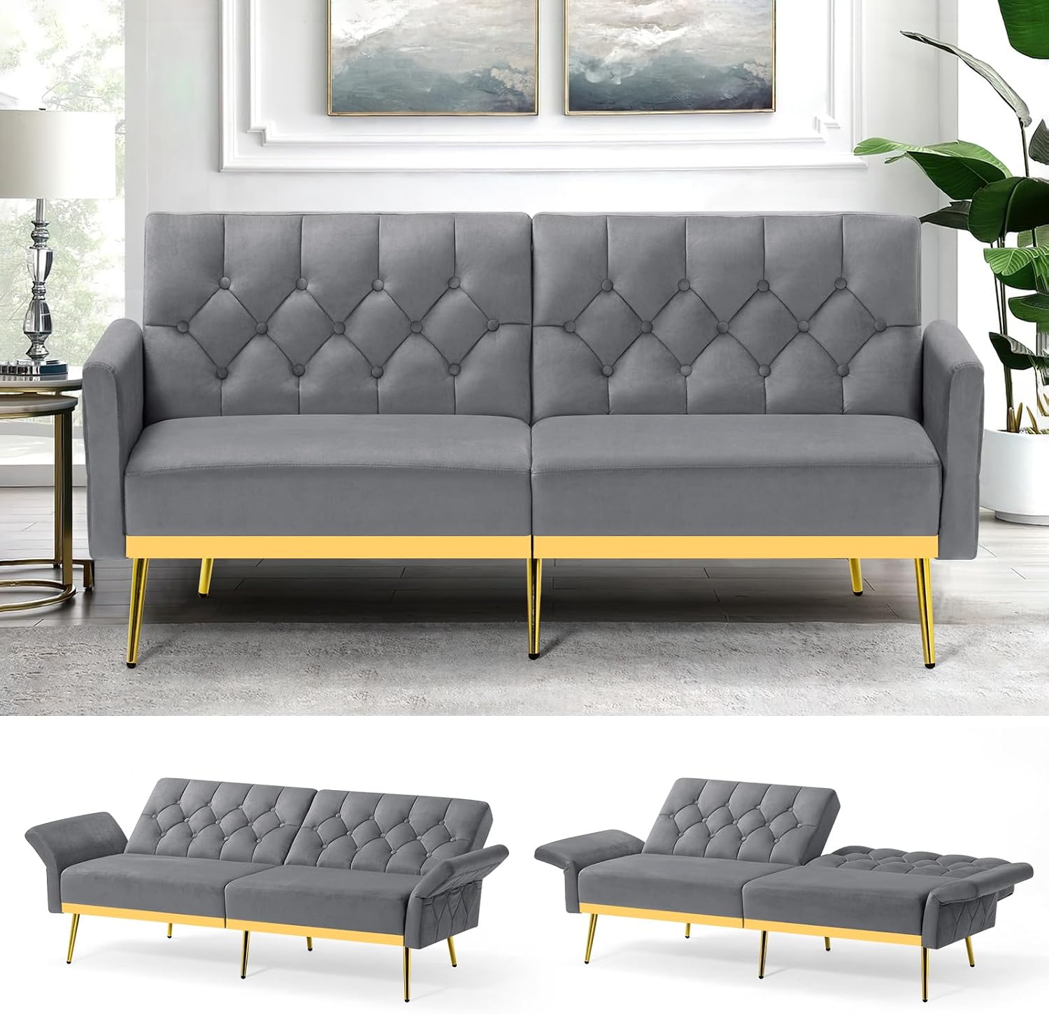 Velvet Sofa Bed w/Adjustable Armrests and Backrests, Modern Convertible Sleeper Sofa, Tufted Futon Sofa for Bedroom, Living Room, Apartment, Grey