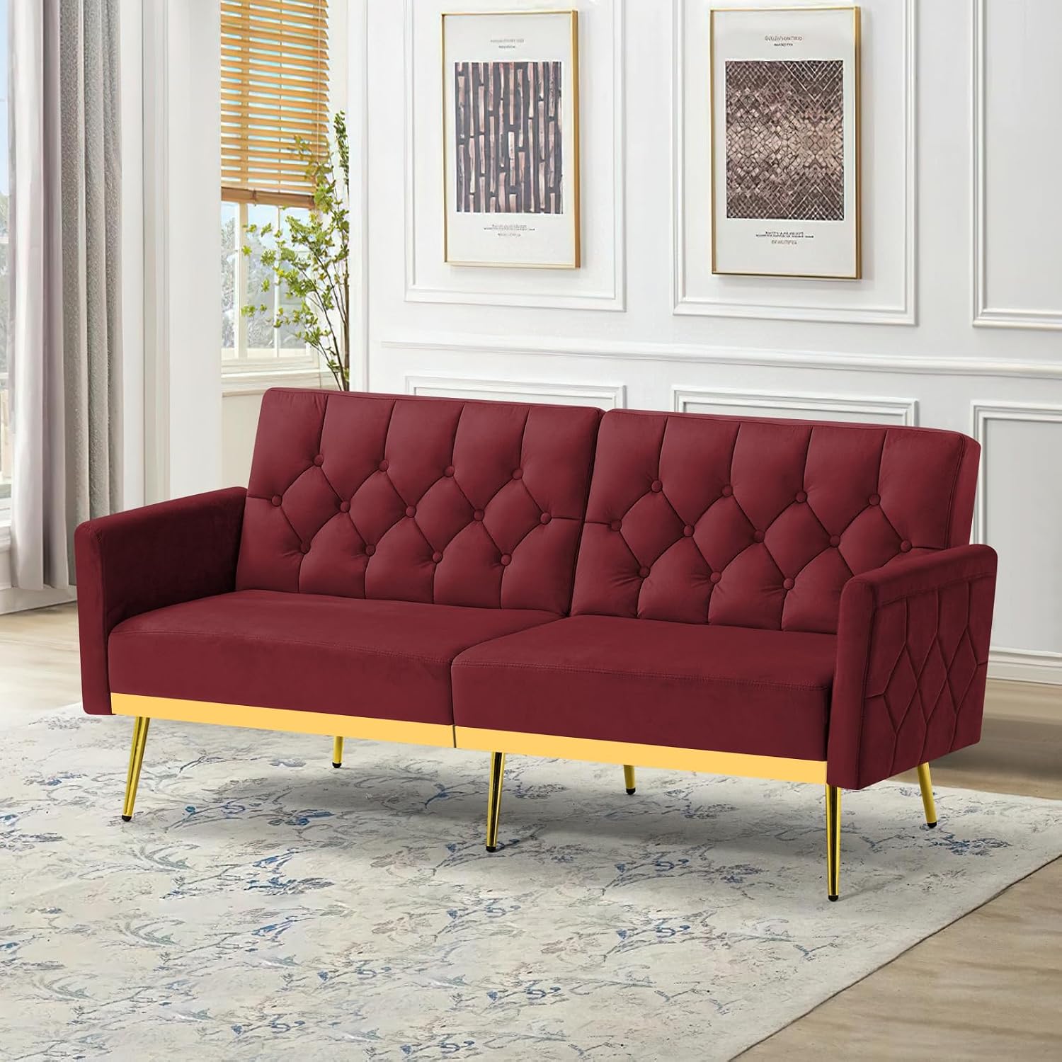 Velvet Sofa Bed w/Adjustable Armrests & Backrests, Modern Convertible Sleeper Sofa, Tufted Futon Sofa for Bedroom, Living Room, Apartment, Red