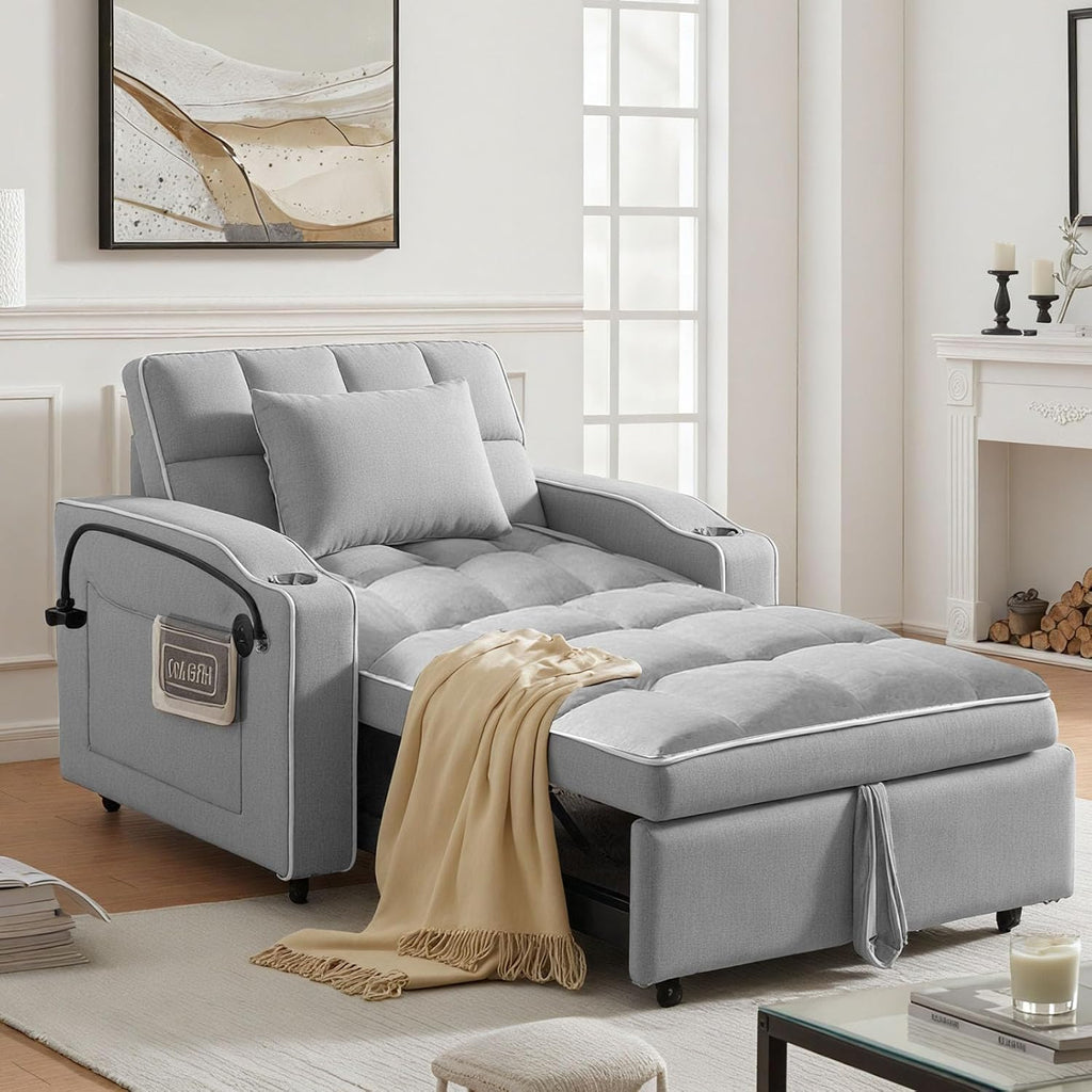 Sleeper Chair, Pull Out Chair Sleeper with Bracket and Cup Holder, Single Convertible Chairs Bed Sleepers for Adults, 3 in 1 Sofa Bed Chairs for Small Spaces, Living Room, Gray