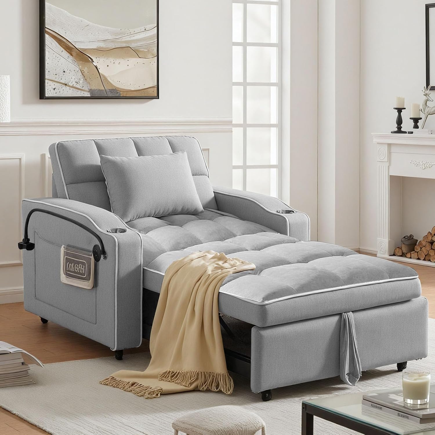 Sleeper Chair, Pull Out Chair Sleeper with Bracket and Cup Holder, Single Convertible Chairs Bed Sleepers for Adults, 3 in 1 Sofa Bed Chairs for Small Spaces, Living Room, Gray