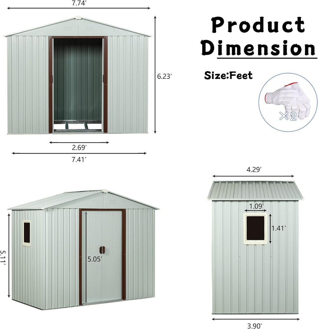 8 x 4 FT Outdoor Storage Shed, Metal Garden Shed with Floor Frame, Tool Shed Outdoor Storage with Lockable Sliding Doors & Window & Air Vents, Storage House Waterproof for Backyard, Lawn, White