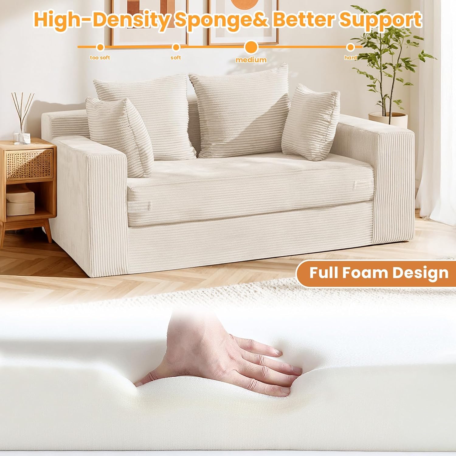 Boneless Loveseat Sleeper Sofa Bed, 3-in-1 Convertible Sofa Bed and Futon Couch with 4 Pillows, 55' Beige Boneless Couch for Living Room, Guest Room, Small Space, No Assembly Required, Corduroy