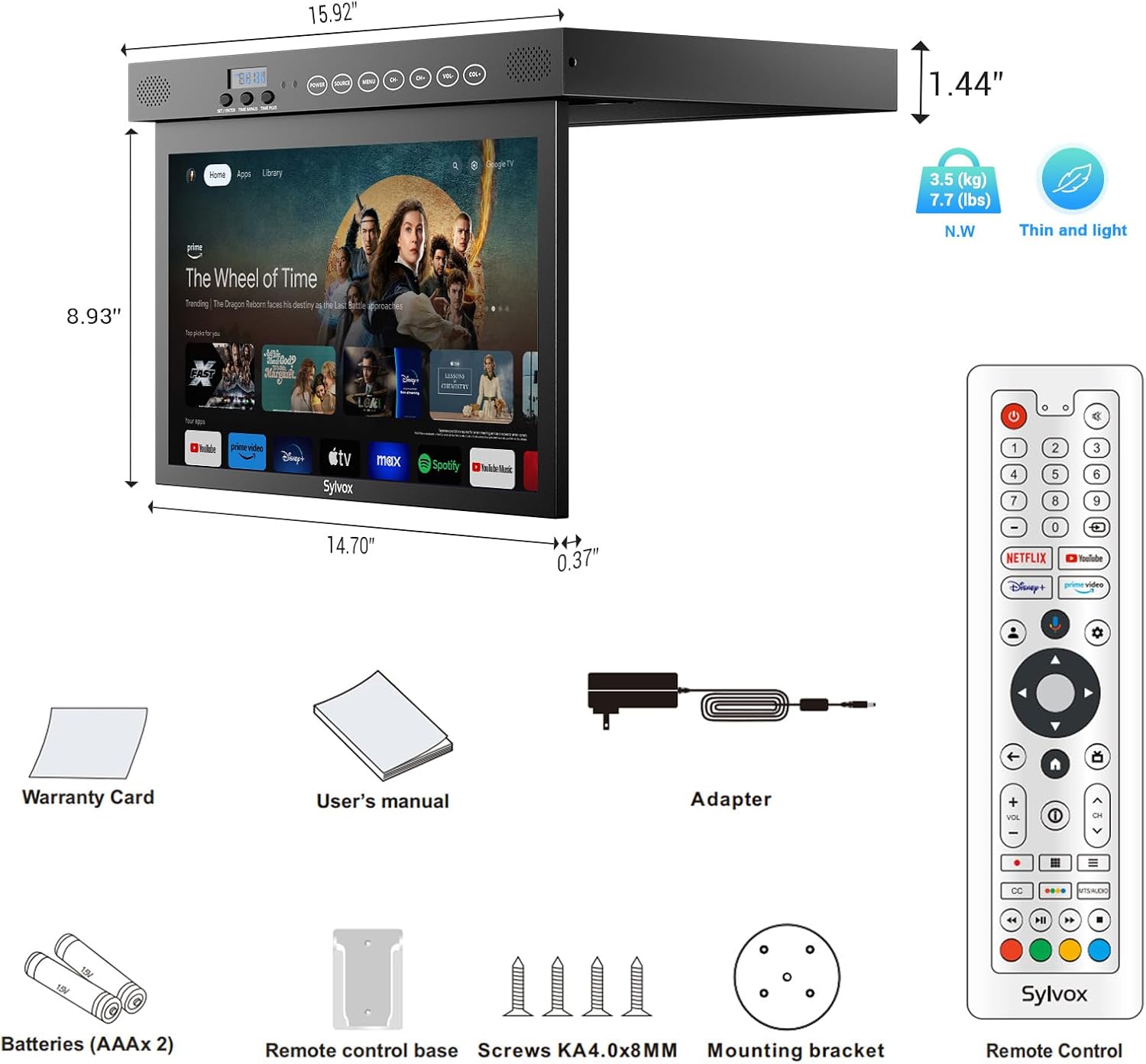 SYLVOX 15.6 inch Smart TV for Kitchen, 1080P Under Cabinet TVs, 12V Smart Google TV Rotated & Folded, Support Google Assistant WiFi Bluetooth, Small Television for Kitchen, Bedroom, RV Camper, Black