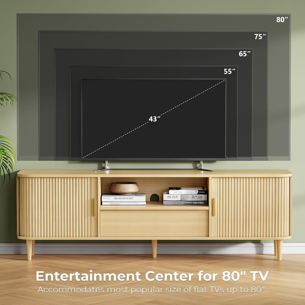 IRONCK Modern Fluted TV Stand for TVs Up to 80 inches, 69' Entertainment Center with Storage Drawer, TV Console with Sliding Doors and Adjustable Shelves, Media Console for Living Room Bedroom, Oak