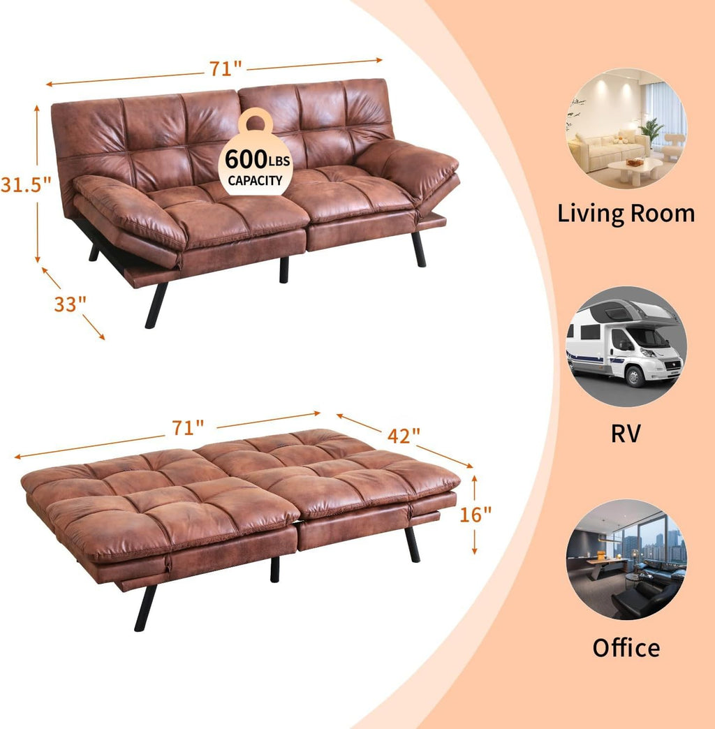 MUUEGM Futon Sofa Bed 71' Walnut Convertible Memory Foam Futon Couch Bed Modern Loveseat Sleeper with Adjustable Backrests Armrests for Living Room,Small Space,Office