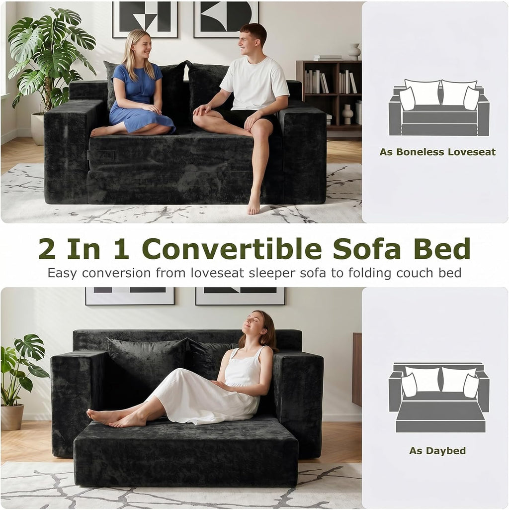 Boneless Couch Loveseat Sleeper, Convertible Sofa Bed Folding Couch Bed, Boneless Chair Bed & Futon Sofa Bed, Small Pull Out Couch Foldable with 4 Pillows for Living Room, Black