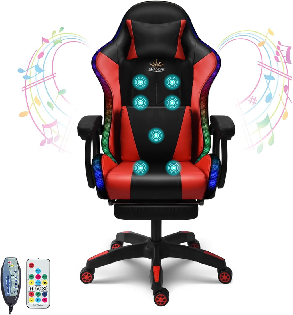 Ergonomic Gaming Chair Computer Chair with RGB LED Lights and Speakers, Office Chair PU Leather Massage Swivel Recliner Chair with Footrest Lumbar Support Headrest Armrest,Red