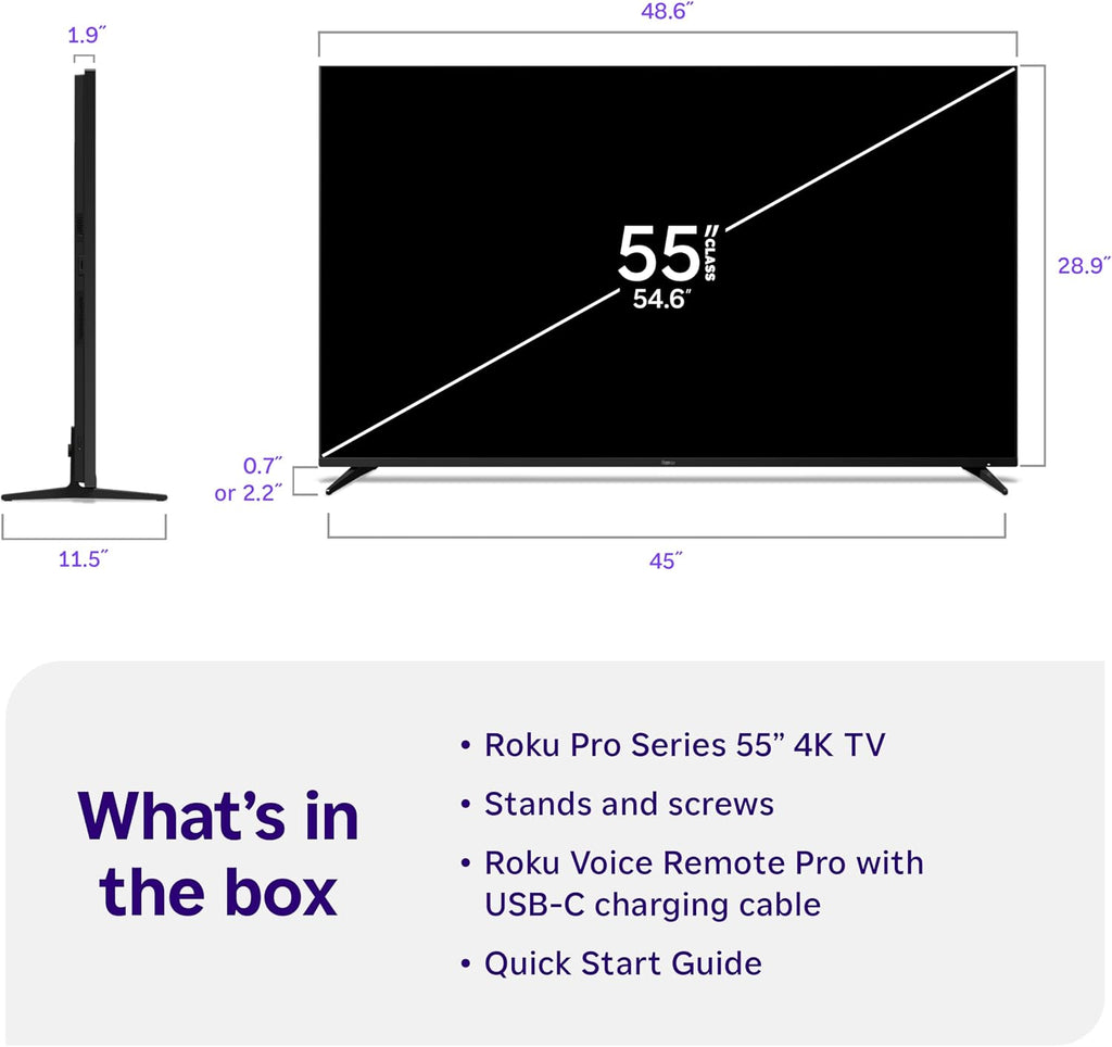 Roku Smart TV – 55-Inch Pro Series, Mini-LED TV – RokuTV with Backlit Voice Remote Pro – Flat Screen 4K QLED Television with 120Hz Refresh Rate & Dolby Vision IQ, Live News, Sports, Entertainment