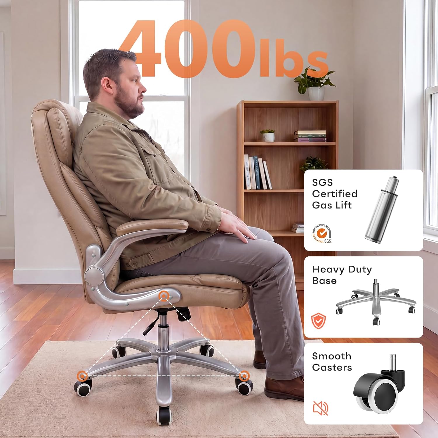 GYI Big and Tall Office Chair 400lb Wide Seat, Ergonomic High Back Leather Executive Desk Chair with Flip-up Arms, Brown