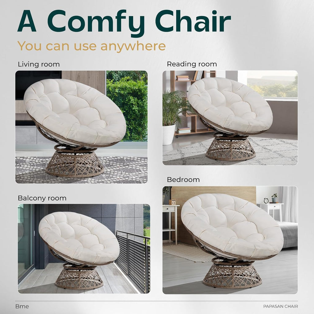 Bme 40' Ergonomic Wicker Papasan Chair with Soft Thick Cushion & Frame, 360° Swivel, Circle, Reading, Comfy Chair for Living Room, Bedroom