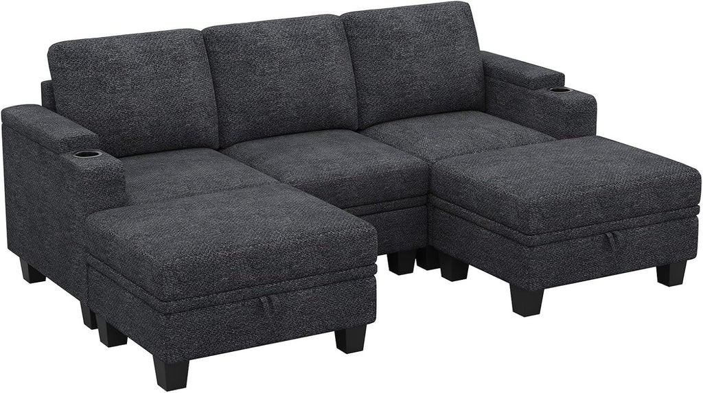 Belffin Small Corner Modular Sectional Couches for Living Room U Shaped Couch with Cup Holder Dark Grey Couch